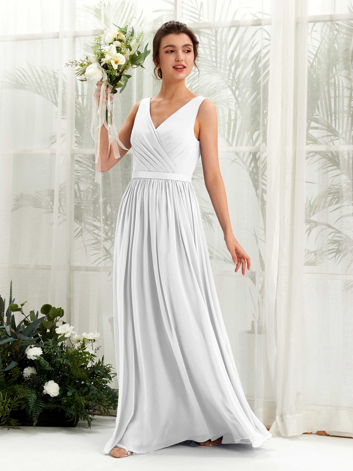 Carlyna A-Linien-Kleid V-Ausschnitt Bodenlang Gerafft Brautjungfernkleid Weiß #farbe_wei