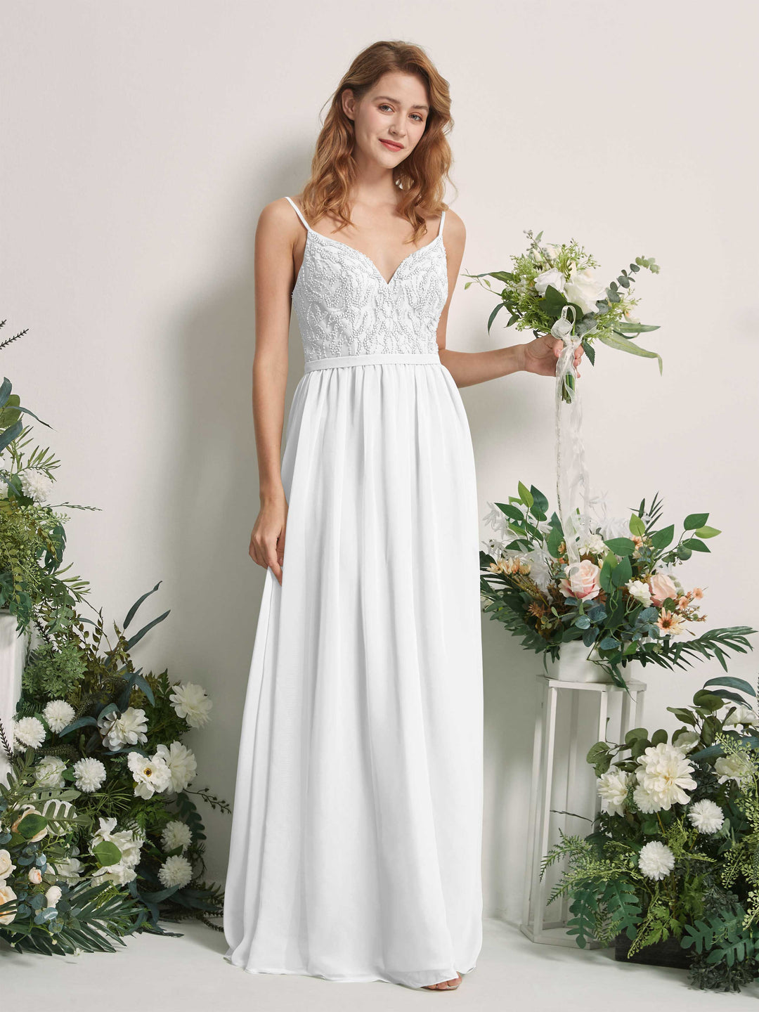 Carlyna A-Linien-Kleid V-Ausschnitt Bodenlang Gerafft Brautjungfernkleid Weiß 