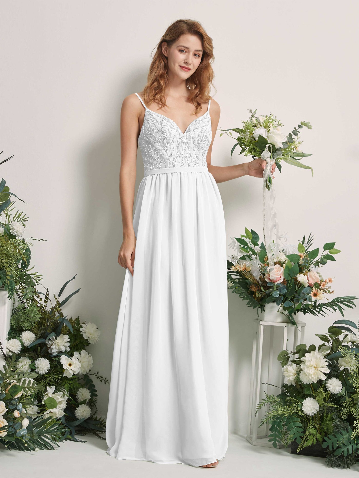Carlyna A-Linien-Kleid V-Ausschnitt Bodenlang Gerafft Brautjungfernkleid Weiß #farbe_wei