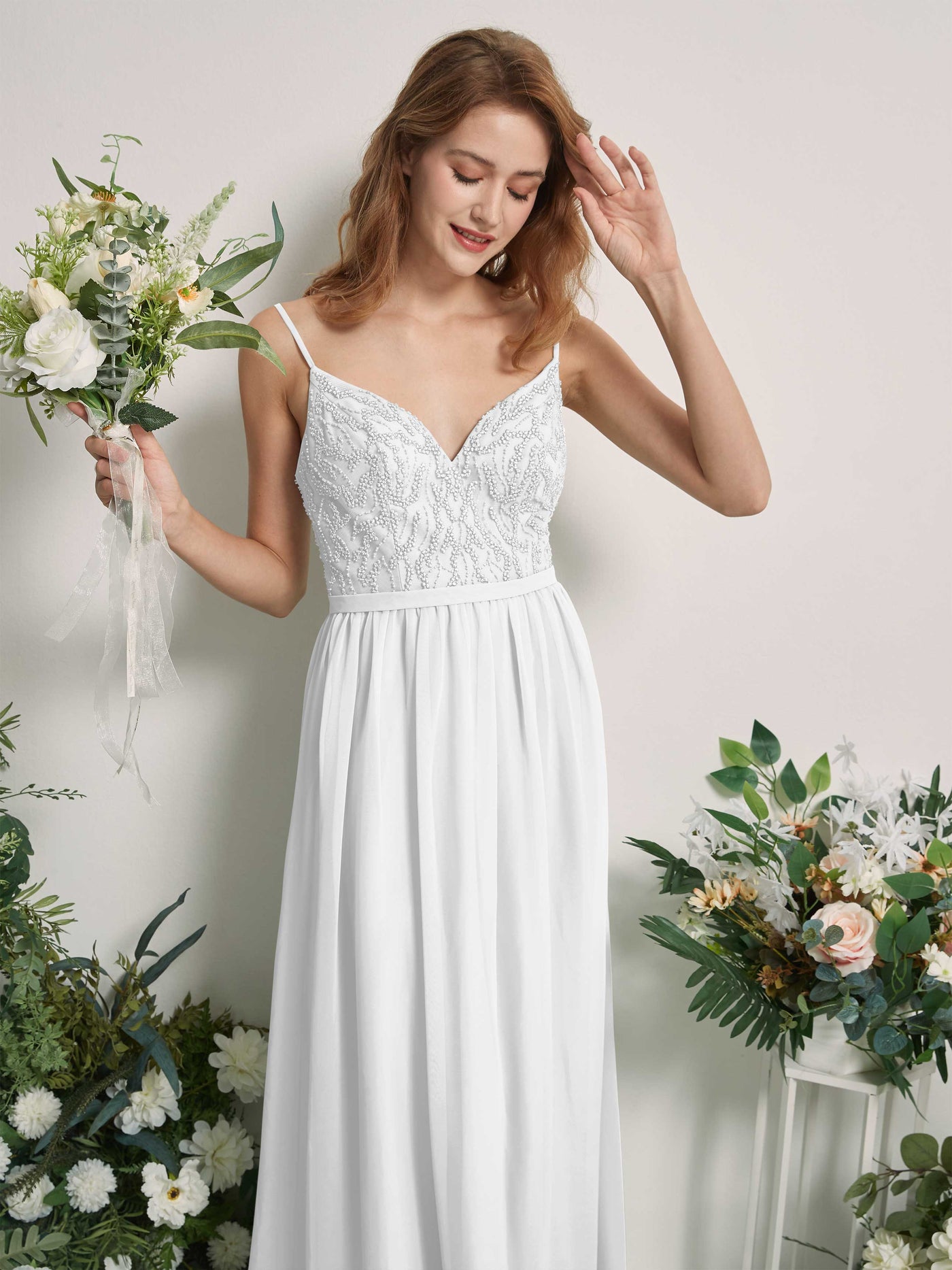Carlyna A-Linien-Kleid V-Ausschnitt Bodenlang Gerafft Brautjungfernkleid Weiß #farbe_wei