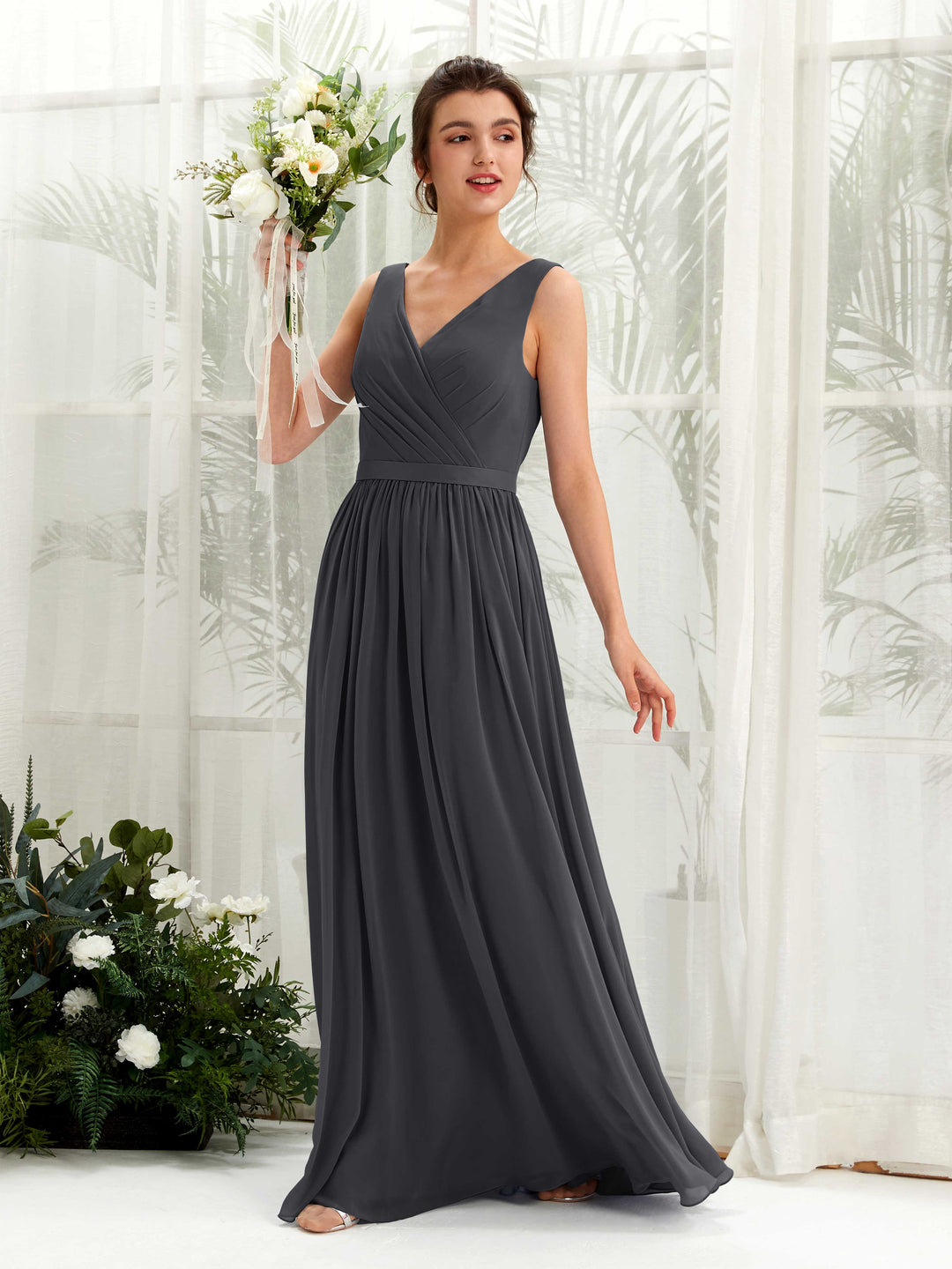 Carlyna A-Linien-Kleid V-Ausschnitt Bodenlang Gerafft Brautjungfernkleid Zinnfarben 
