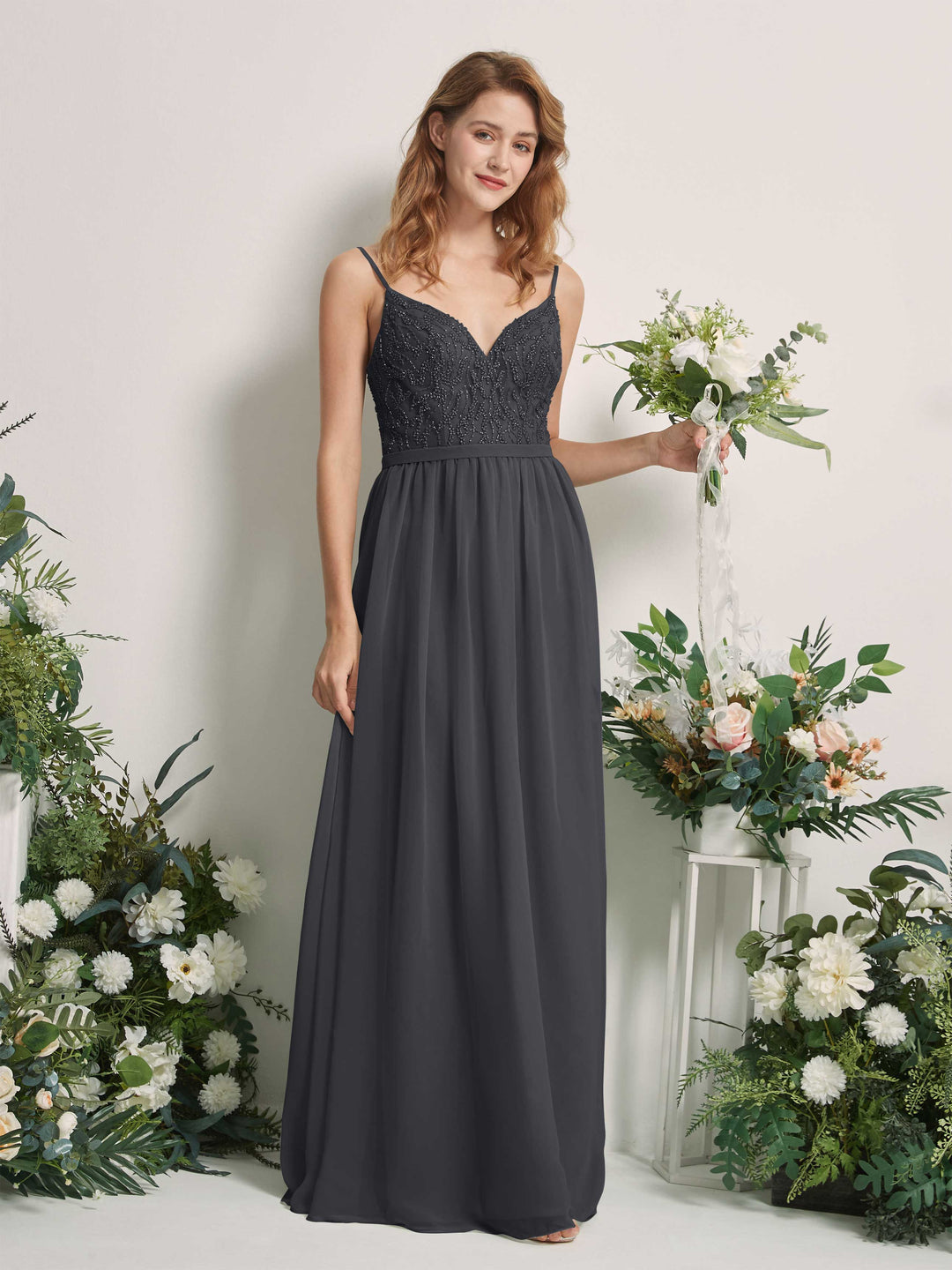Carlyna A-Linien-Kleid V-Ausschnitt Bodenlang Gerafft Brautjungfernkleid Zinnfarben 