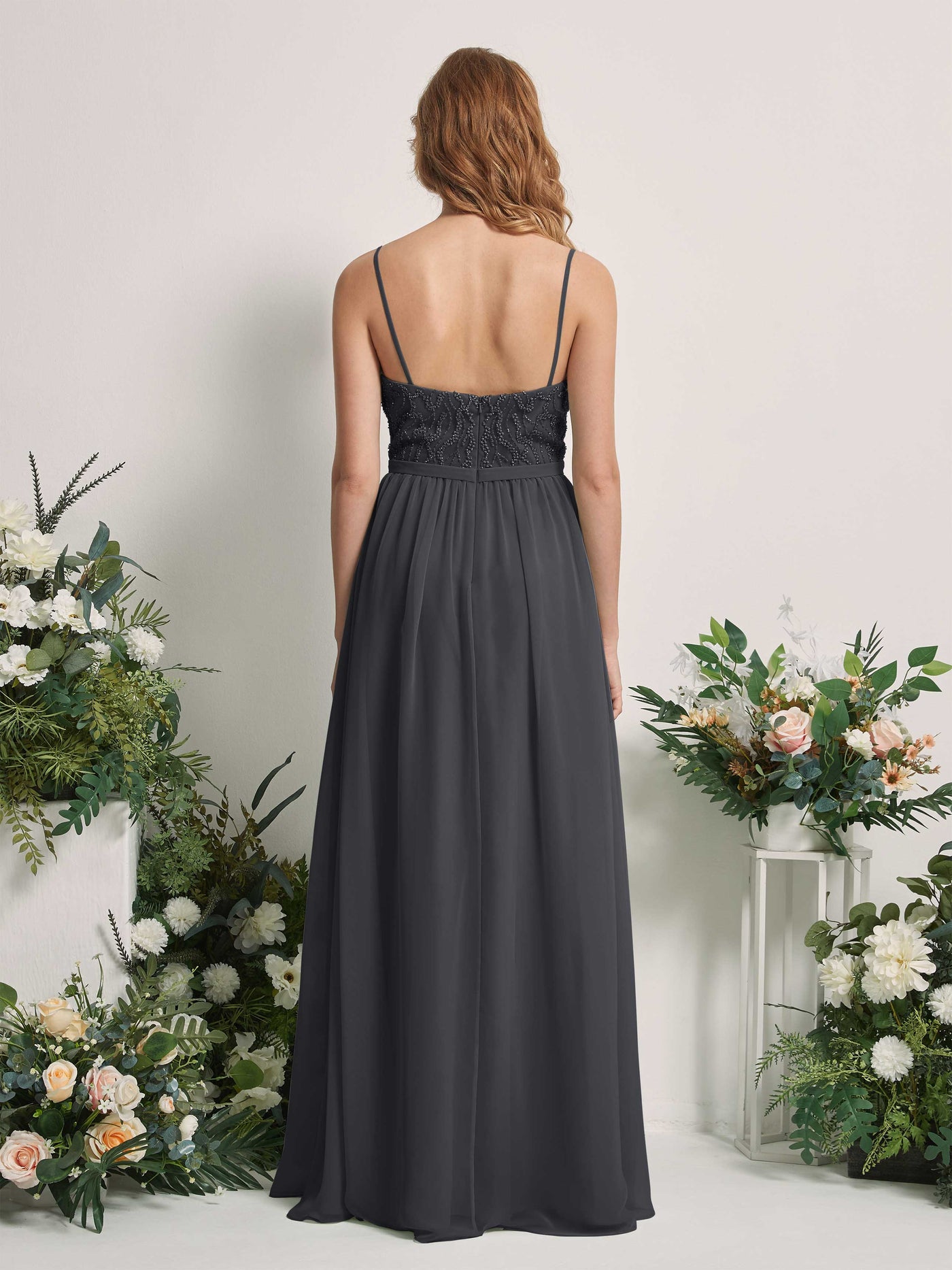 Carlyna A-Linien-Kleid V-Ausschnitt Bodenlang Gerafft Brautjungfernkleid Zinnfarben #farbe_zinnfarben