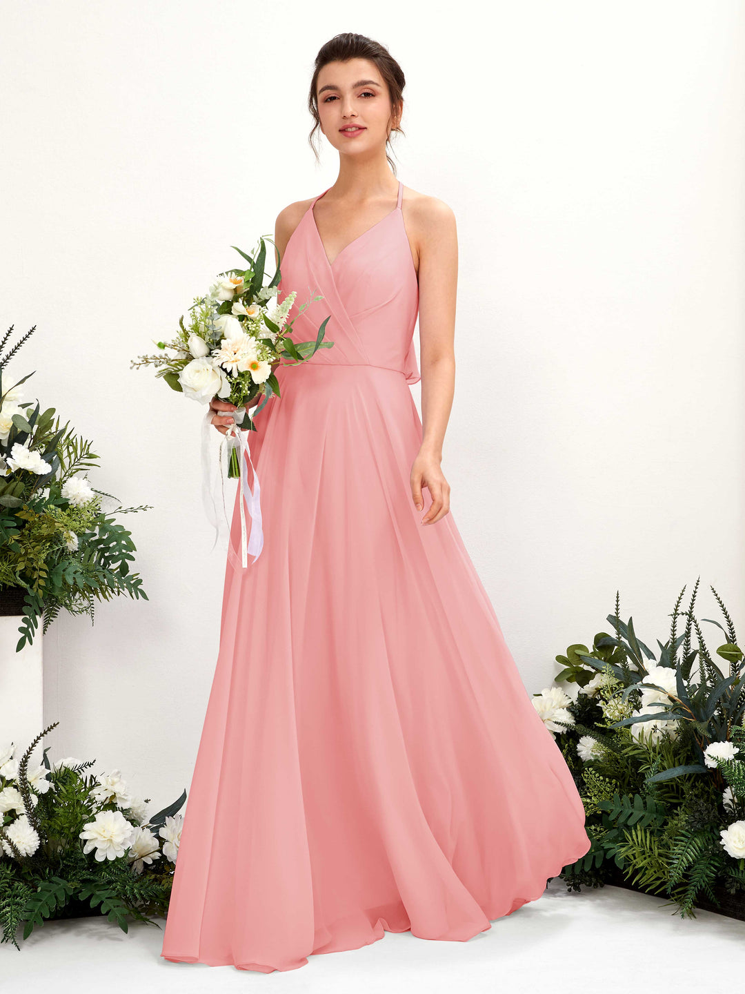 Carlyna A-Linien Kleid V-Ausschnitt Bodenlang mit Beinschlitz Brautjungfernkleid Ballettrosa 