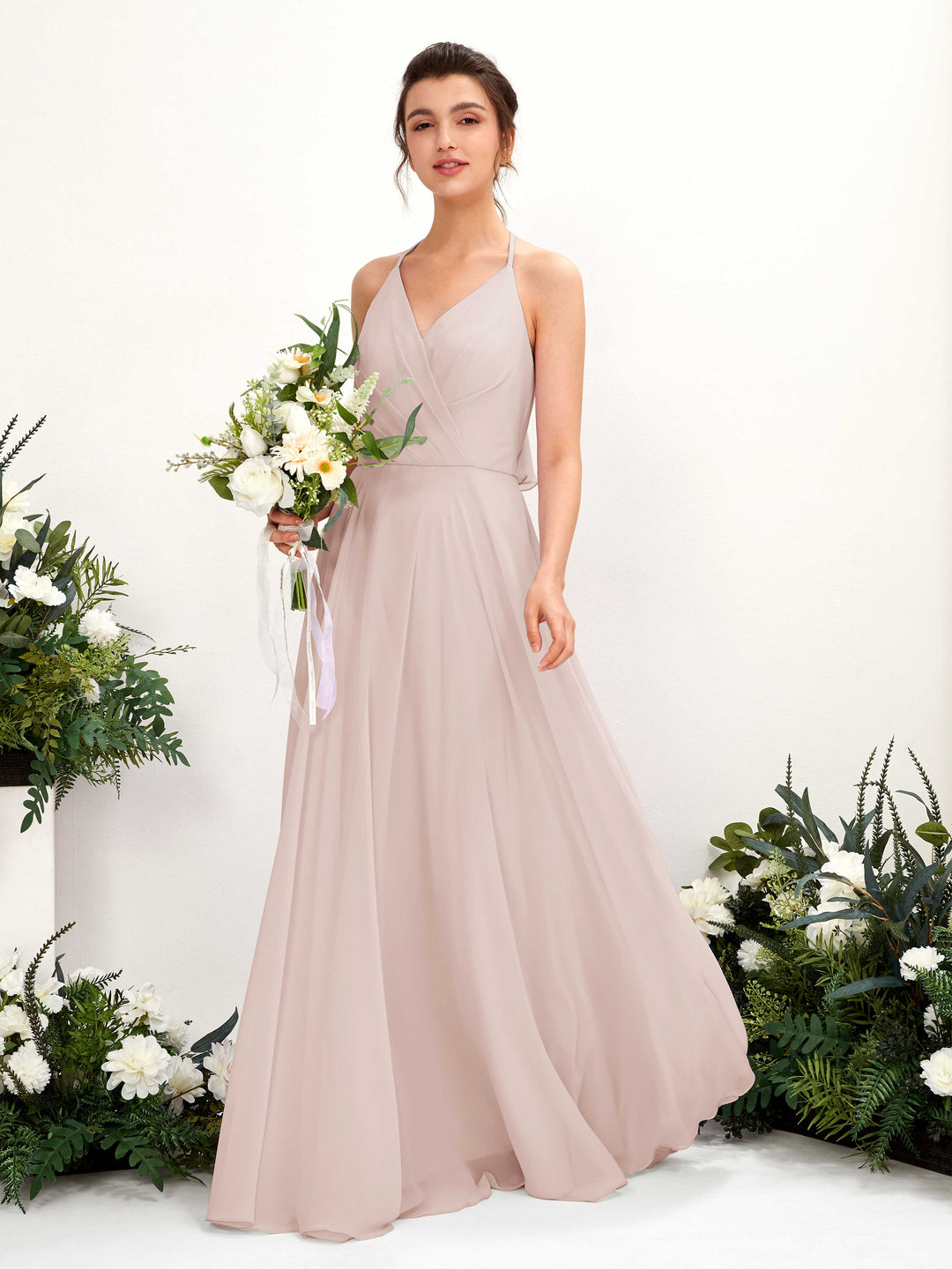Carlyna A-Linien Kleid V-Ausschnitt Bodenlang mit Beinschlitz Brautjungfernkleid Biscotti 