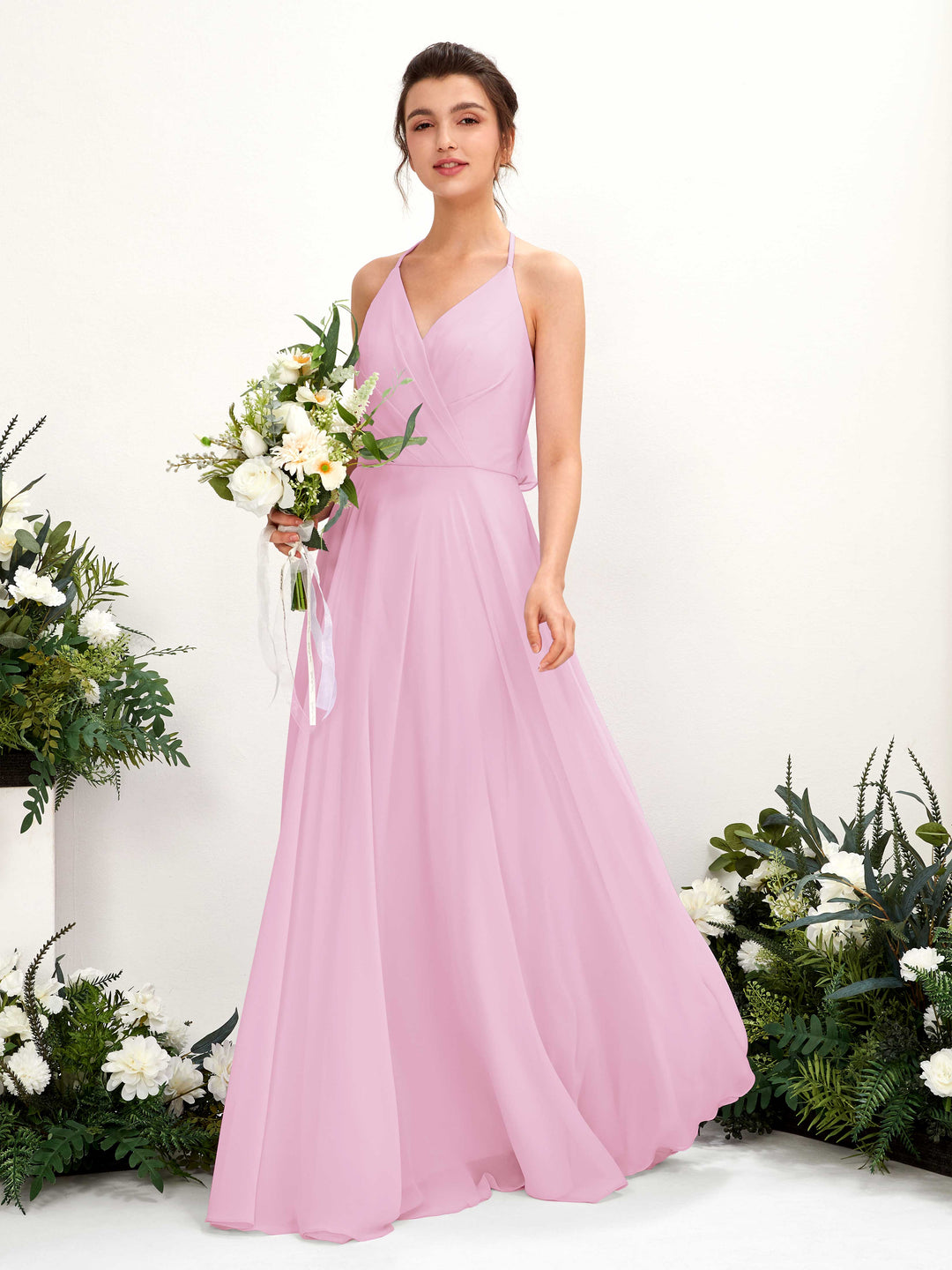 Carlyna A-Linien Kleid V-Ausschnitt Bodenlang mit Beinschlitz Brautjungfernkleid Bonbonrosa 