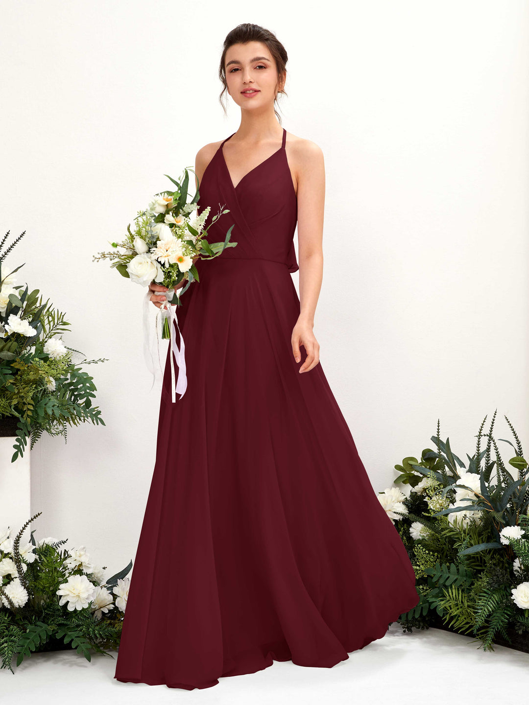 Carlyna A-Linien Kleid V-Ausschnitt Bodenlang mit Beinschlitz Brautjungfernkleid Burgunderrot 