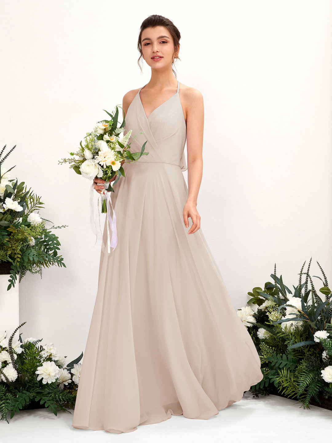 Carlyna A-Linien Kleid V-Ausschnitt Bodenlang mit Beinschlitz Brautjungfernkleid Champagner 