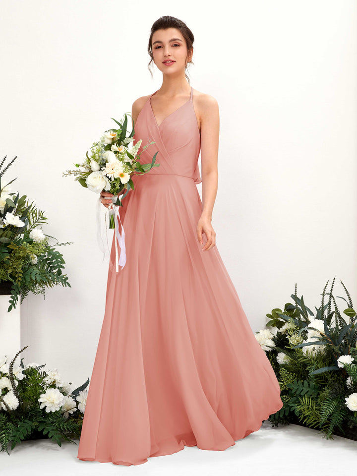 Carlyna A-Linien Kleid V-Ausschnitt Bodenlang mit Beinschlitz Brautjungfernkleid Champagner-Rose 