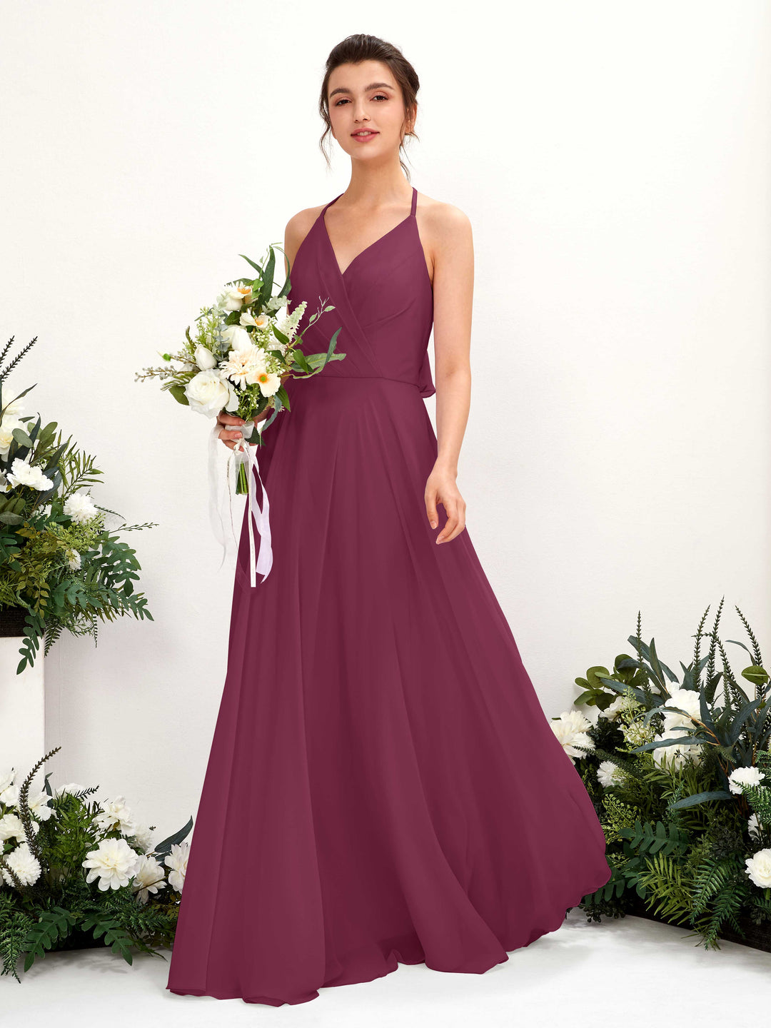 Carlyna A-Linien Kleid V-Ausschnitt Bodenlang mit Beinschlitz Brautjungfernkleid Chianti 