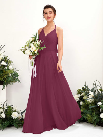 Carlyna A-Linien Kleid V-Ausschnitt Bodenlang mit Beinschlitz Brautjungfernkleid Chianti #farbe_chianti