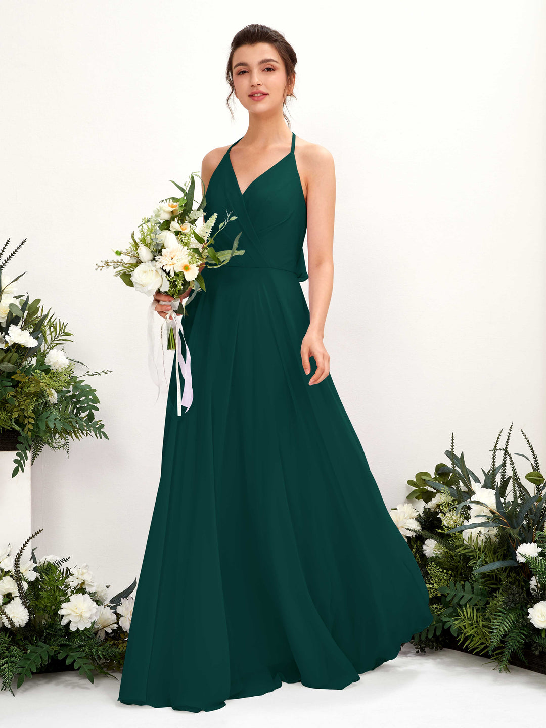 Carlyna A-Linien Kleid V-Ausschnitt Bodenlang mit Beinschlitz Brautjungfernkleid Dunkelsmaragd 