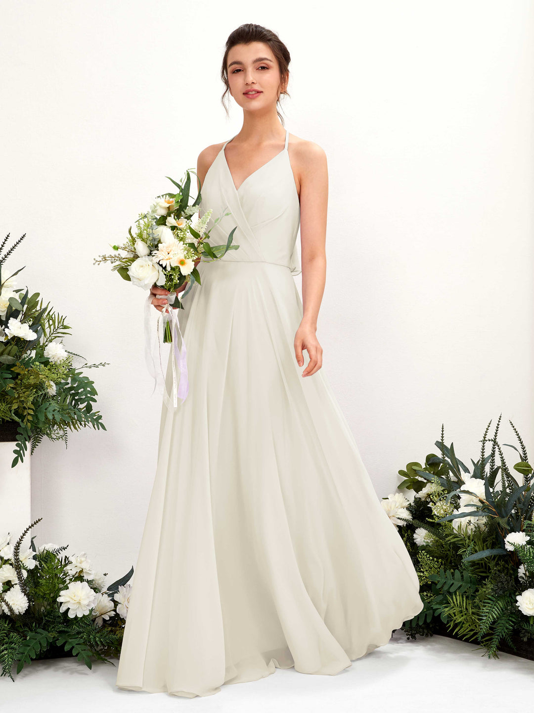 Carlyna A-Linien Kleid V-Ausschnitt Bodenlang mit Beinschlitz Brautjungfernkleid Elfenbein 