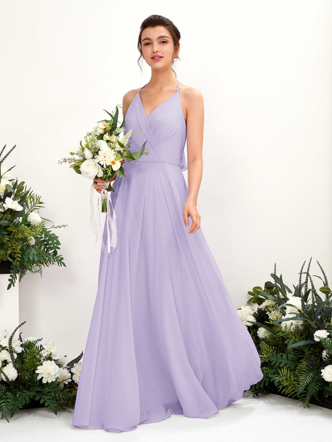 Carlyna A-Linien Kleid V-Ausschnitt Bodenlang mit Beinschlitz Brautjungfernkleid Flieder 