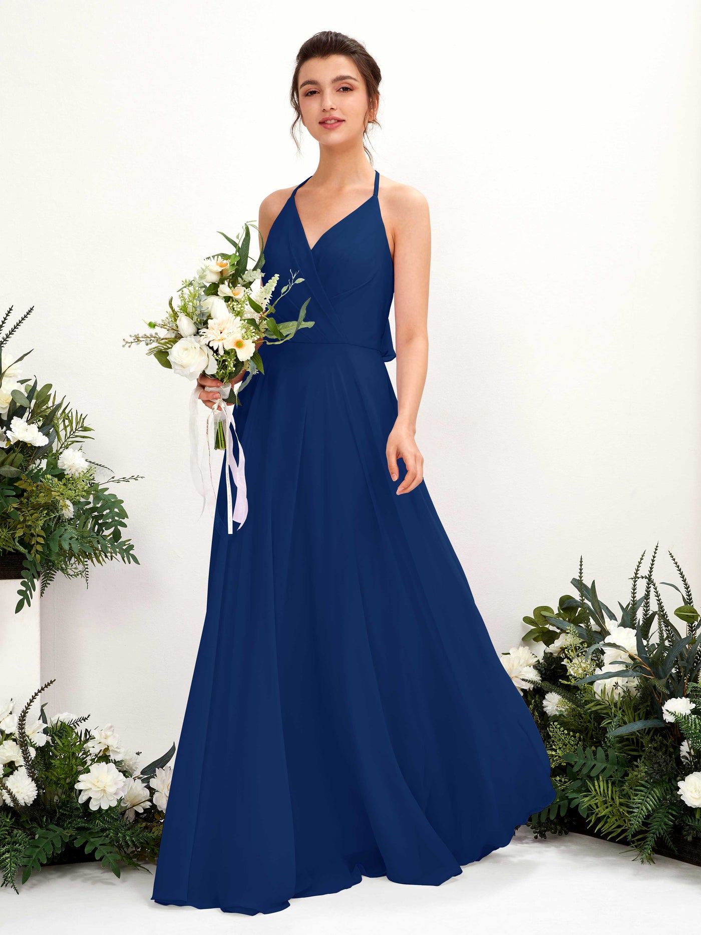 Carlyna A-Linien Kleid V-Ausschnitt Bodenlang mit Beinschlitz Brautjungfernkleid Königsblau #farbe_k-nigsblau
