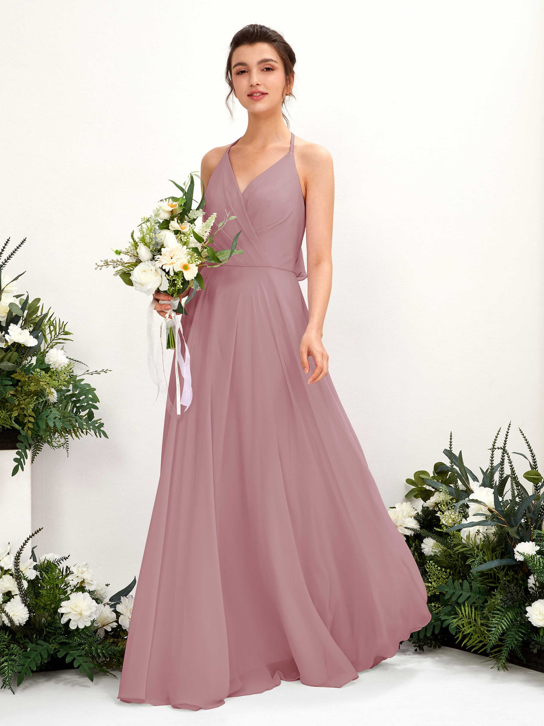 Carlyna A-Linien Kleid V-Ausschnitt Bodenlang mit Beinschlitz Brautjungfernkleid Klassisch Mauve 