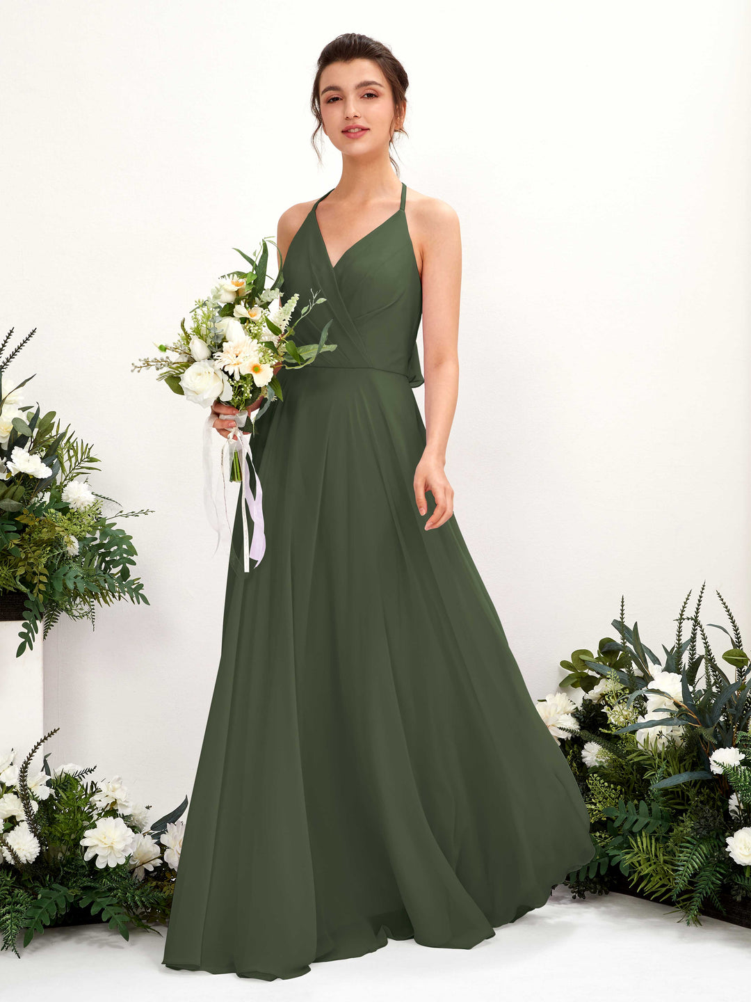 Carlyna A-Linien Kleid V-Ausschnitt Bodenlang mit Beinschlitz Brautjungfernkleid Martini-Olive 