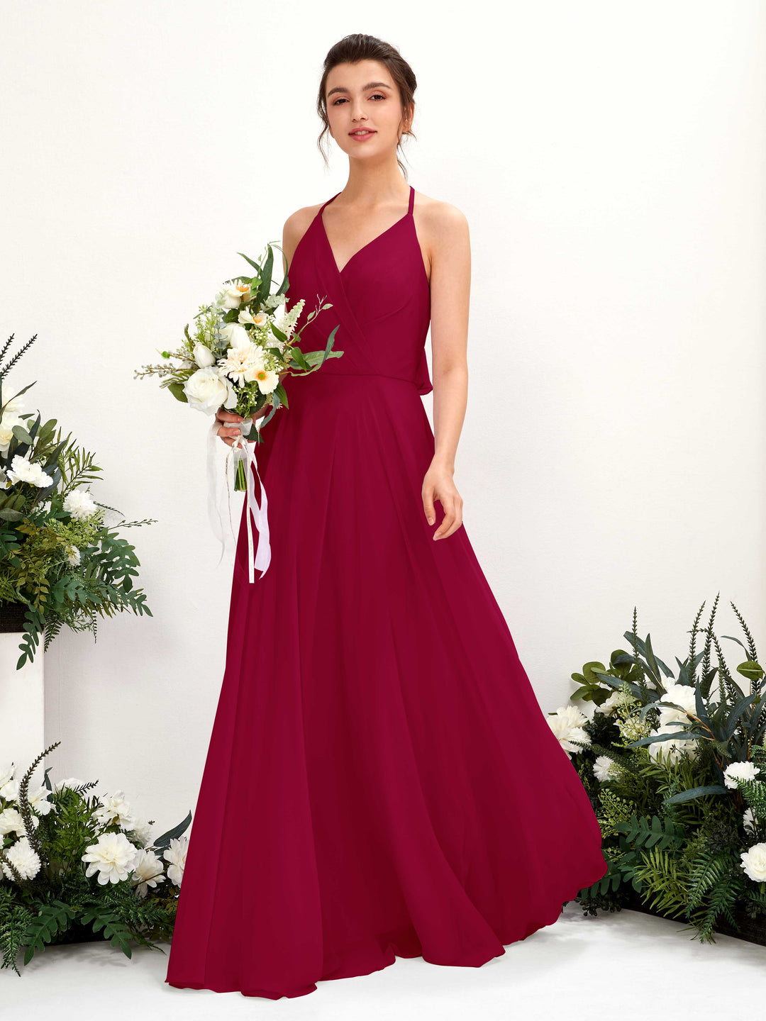 Carlyna A-Linien Kleid V-Ausschnitt Bodenlang mit Beinschlitz Brautjungfernkleid Narrenrot 