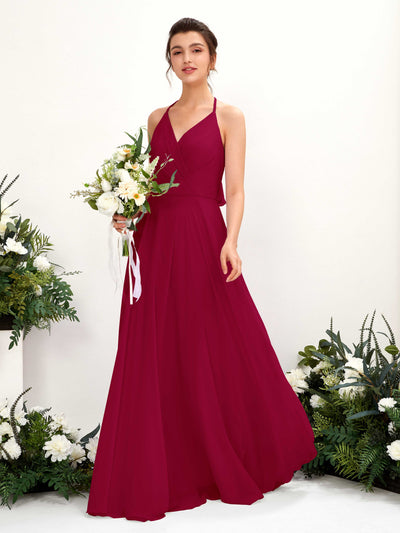 Carlyna A-Linien Kleid V-Ausschnitt Bodenlang mit Beinschlitz Brautjungfernkleid Narrenrot #farbe_narrenrot