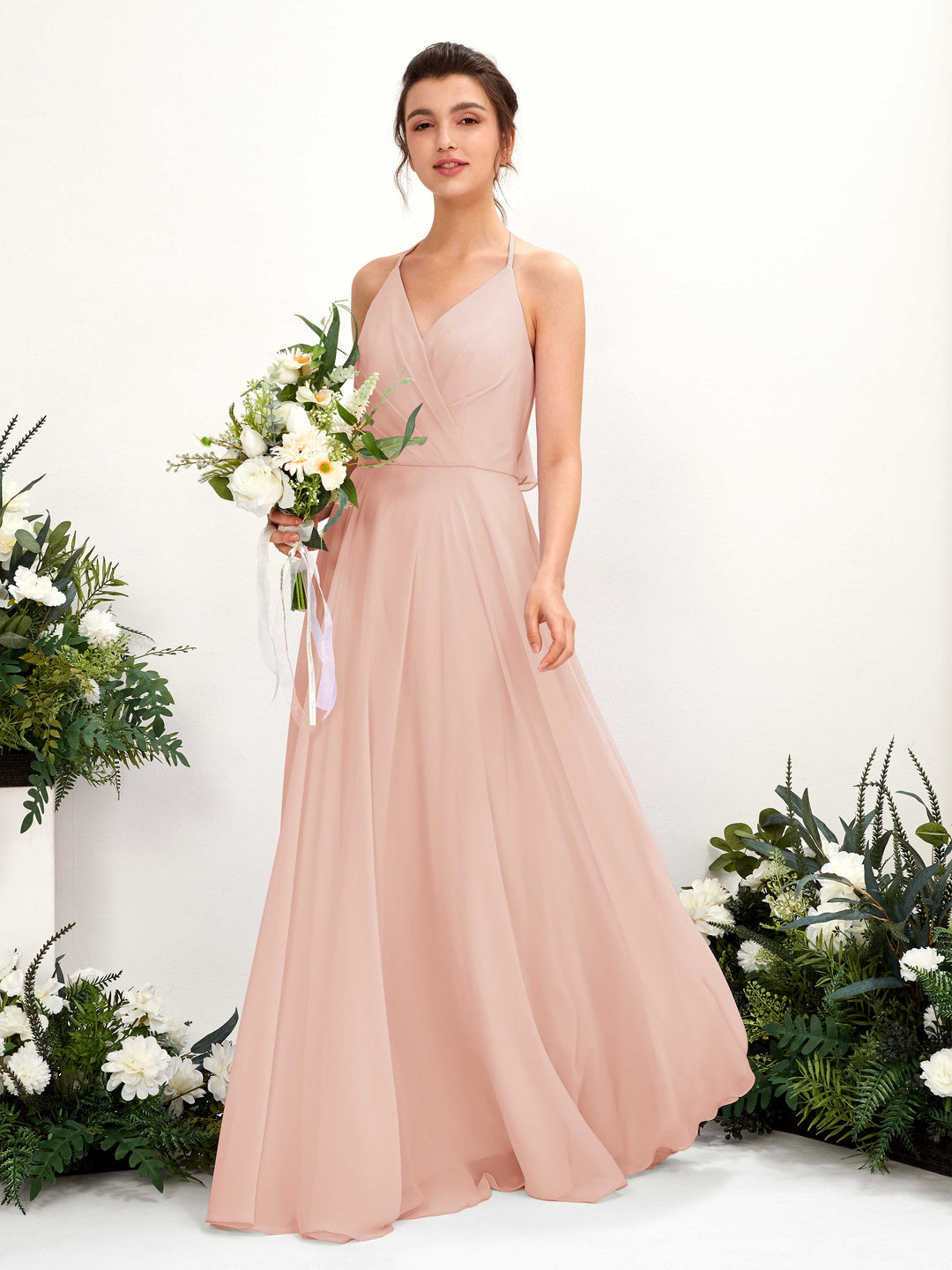 Carlyna A-Linien Kleid V-Ausschnitt Bodenlang mit Beinschlitz Brautjungfernkleid Perlrosa 