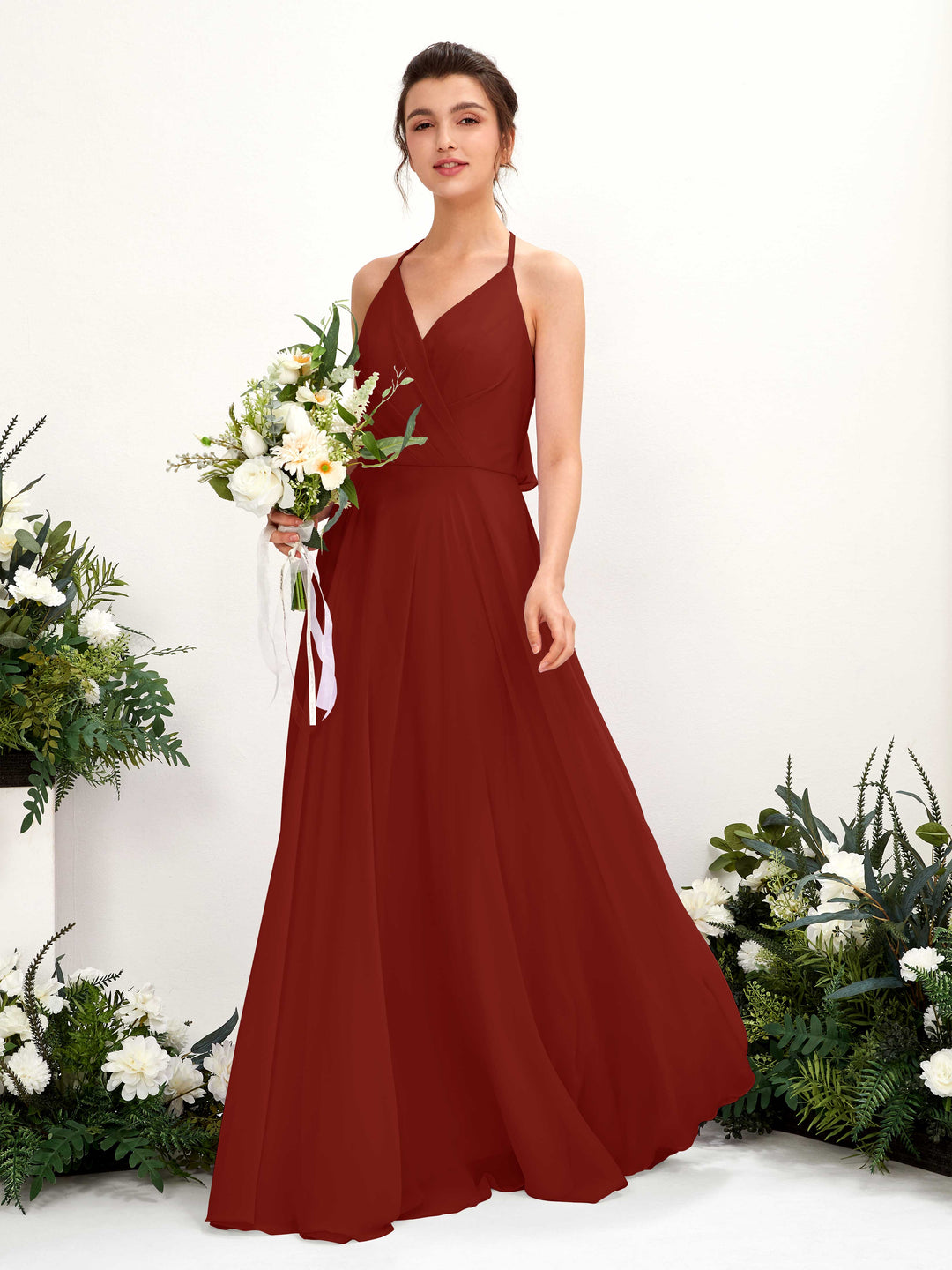 Carlyna A-Linien Kleid V-Ausschnitt Bodenlang mit Beinschlitz Brautjungfernkleid Rostrot 