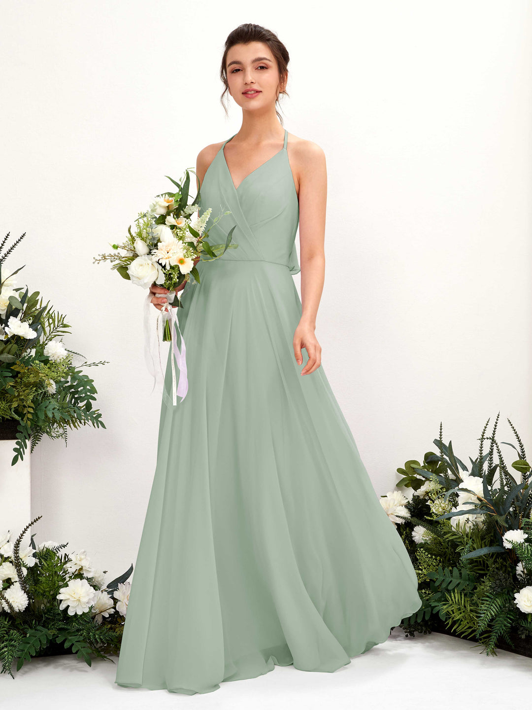 Carlyna A-Linien Kleid V-Ausschnitt Bodenlang mit Beinschlitz Brautjungfernkleid Salbeigrün 