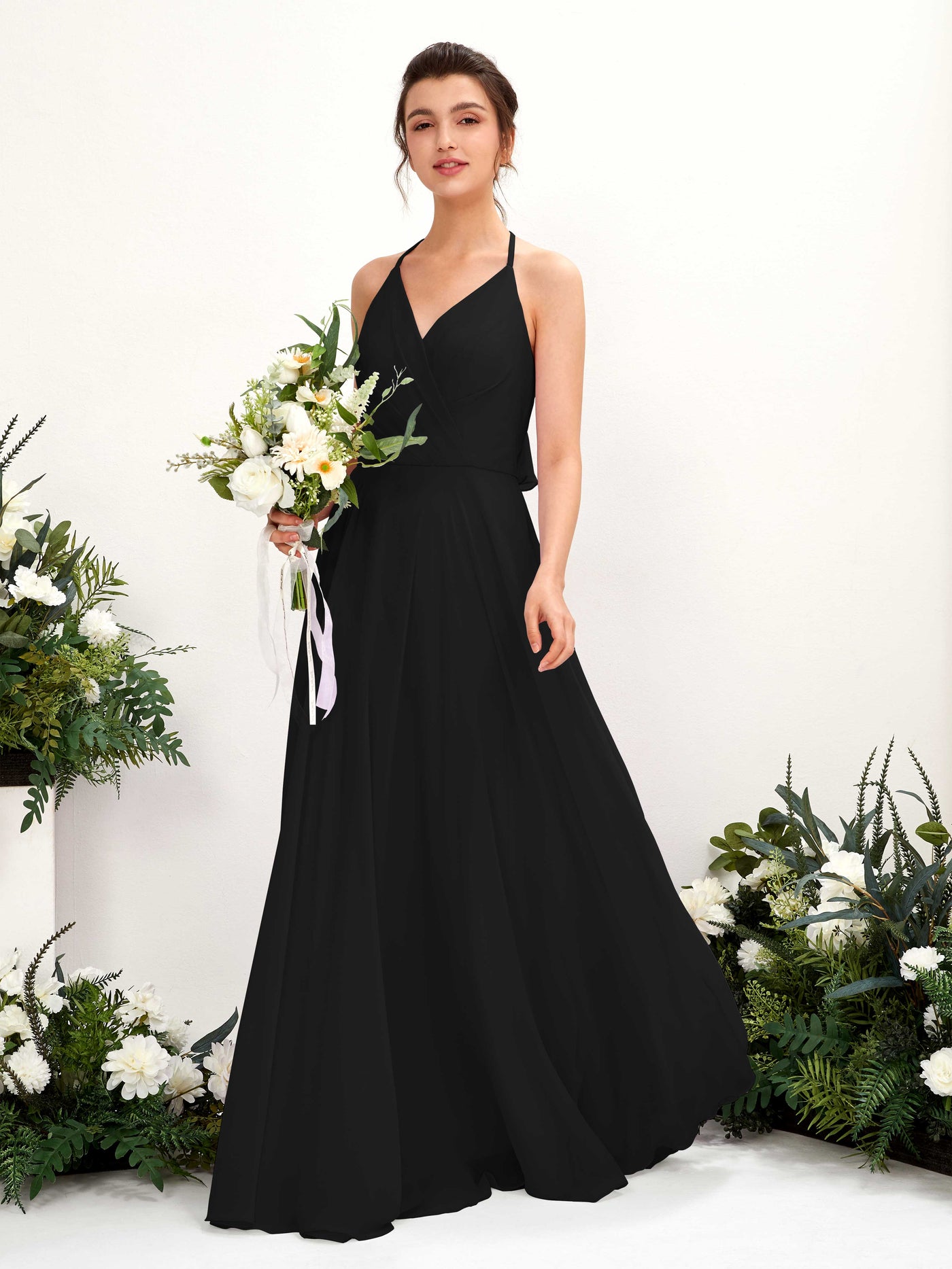 Carlyna A-Linien Kleid V-Ausschnitt Bodenlang mit Beinschlitz Brautjungfernkleid Schwarz #farbe_schwarz