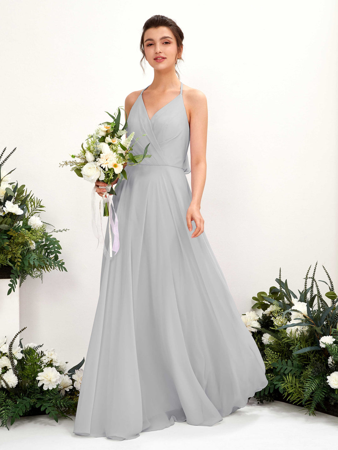 Carlyna A-Linien Kleid V-Ausschnitt Bodenlang mit Beinschlitz Brautjungfernkleid Silber 