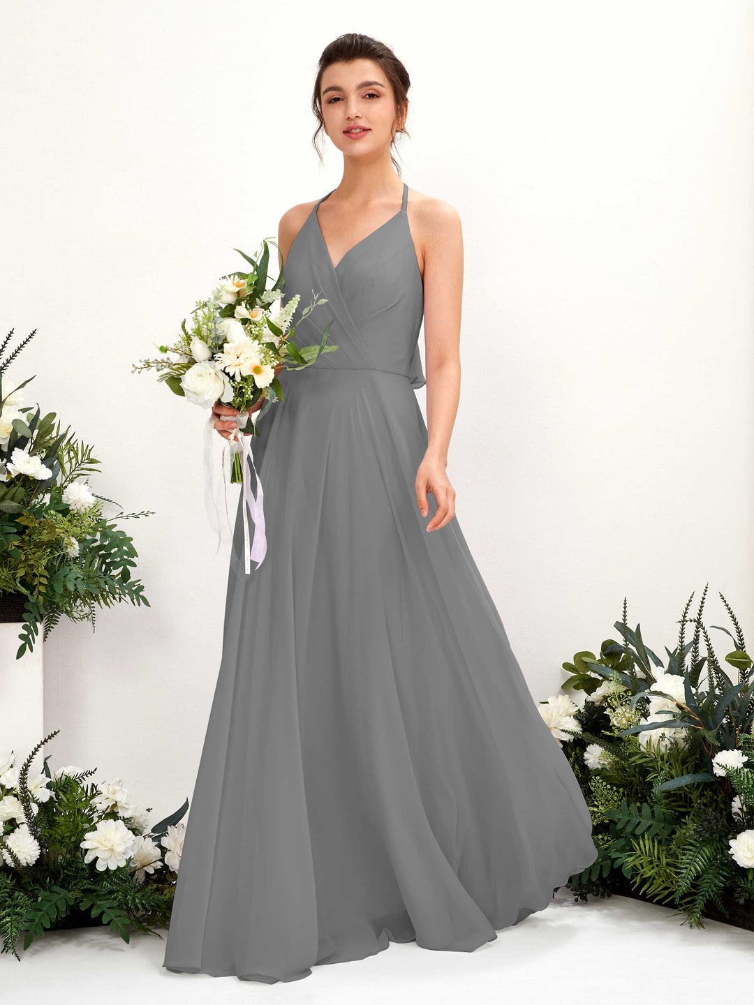 Carlyna A-Linien Kleid V-Ausschnitt Bodenlang mit Beinschlitz Brautjungfernkleid Stahlgrau 
