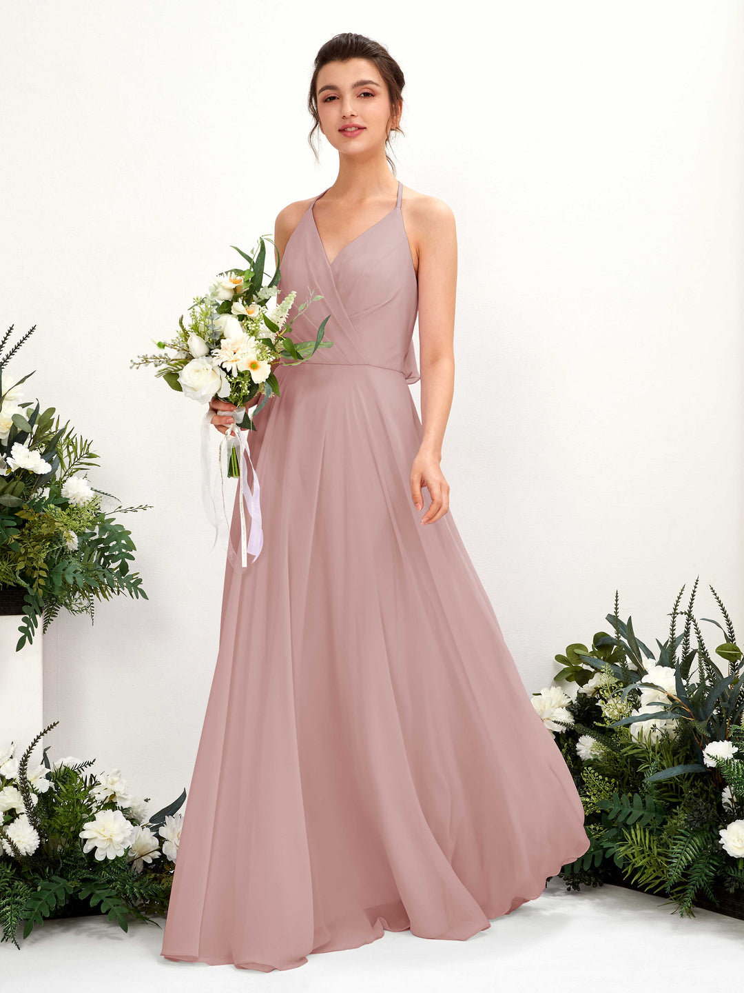 Carlyna A-Linien Kleid V-Ausschnitt Bodenlang mit Beinschlitz Brautjungfernkleid Staubige Rose 