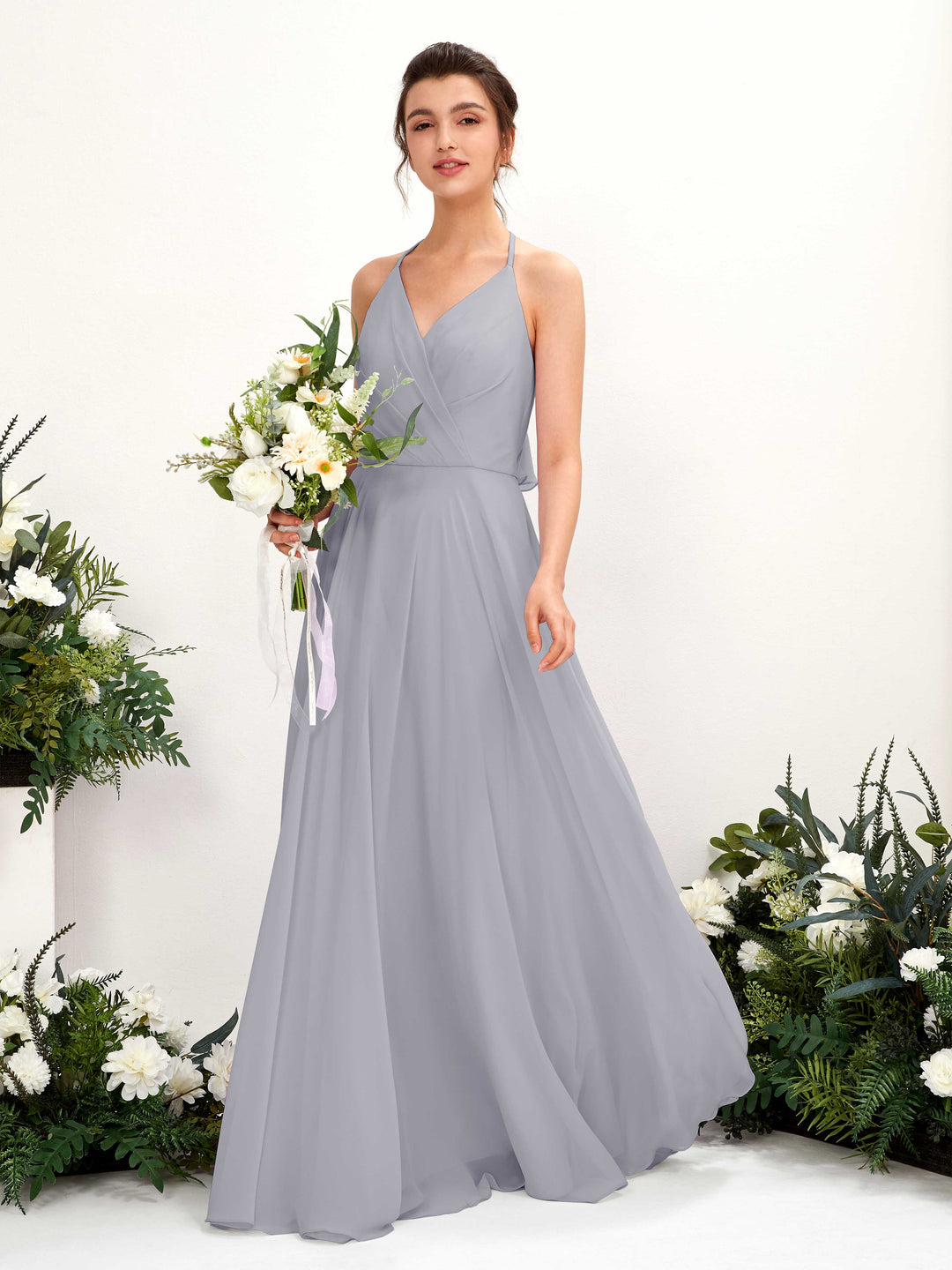 Carlyna A-Linien Kleid V-Ausschnitt Bodenlang mit Beinschlitz Brautjungfernkleid Staubiger Lavendel 