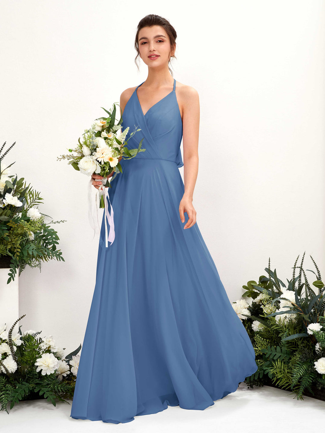 Carlyna A-Linien Kleid V-Ausschnitt Bodenlang mit Beinschlitz Brautjungfernkleid Staubiges Blau 