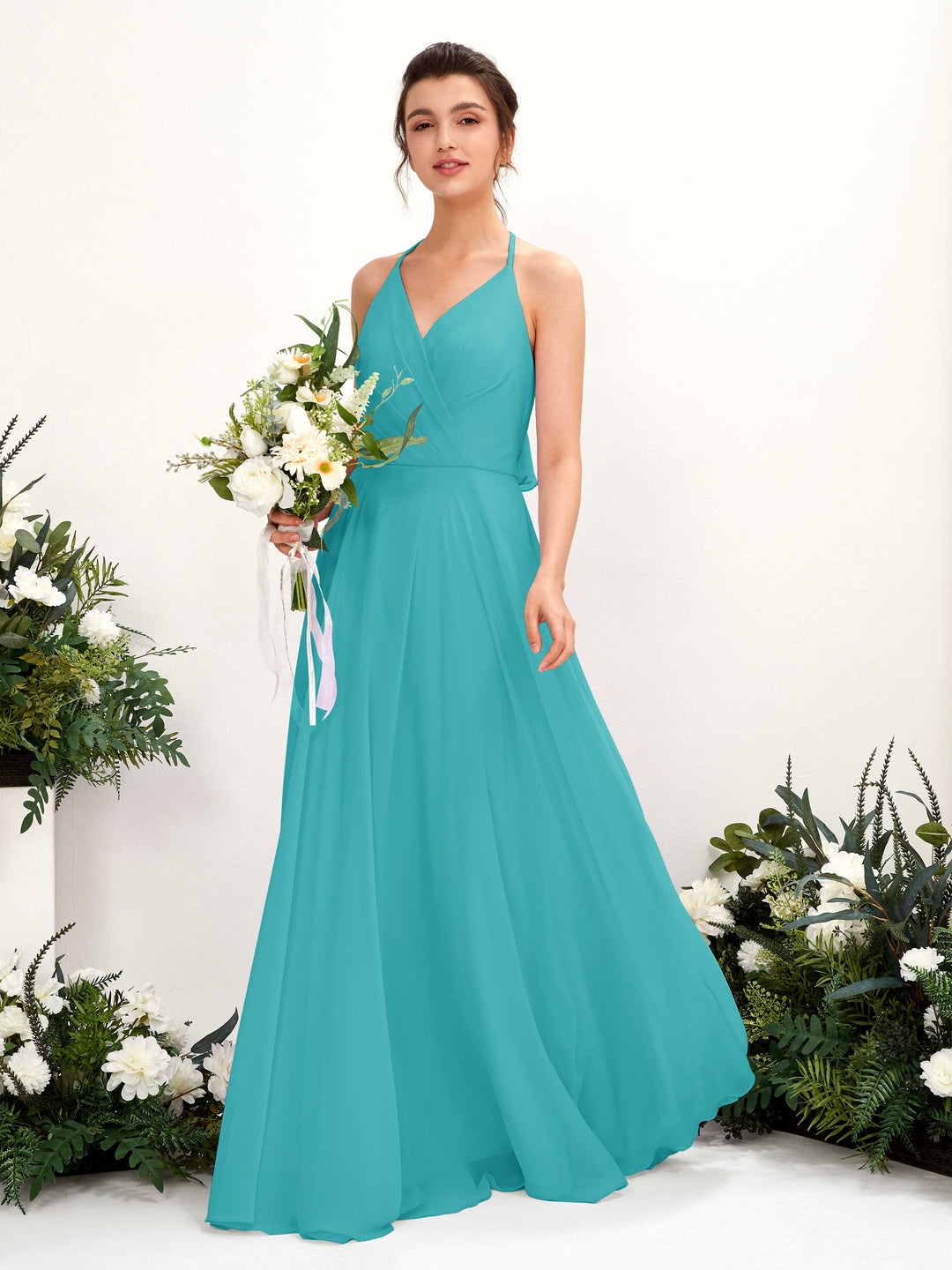 Carlyna A-Linien Kleid V-Ausschnitt Bodenlang mit Beinschlitz Brautjungfernkleid Türkis 
