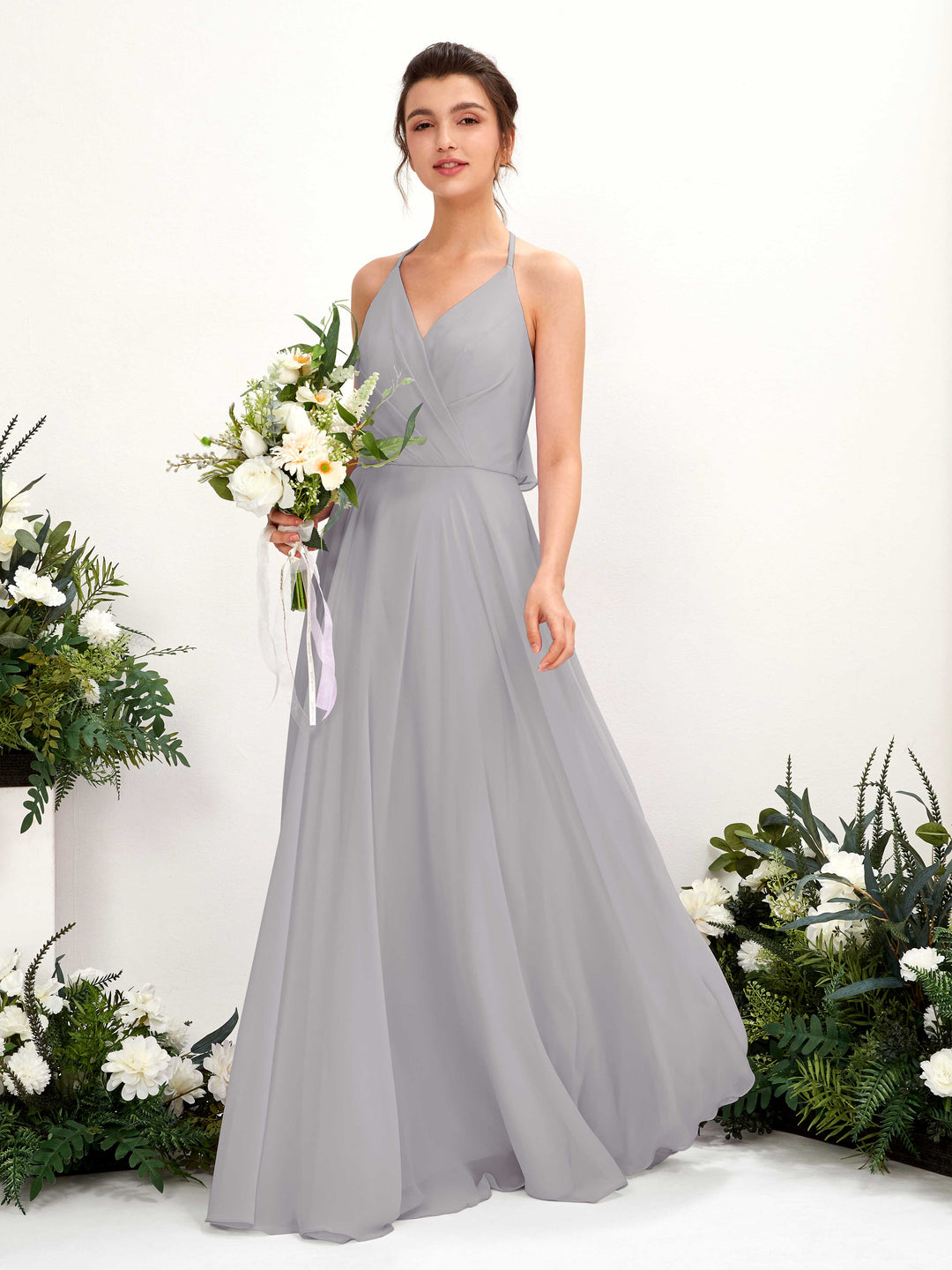 Carlyna A-Linien Kleid V-Ausschnitt Bodenlang mit Beinschlitz Brautjungfernkleid Taube 