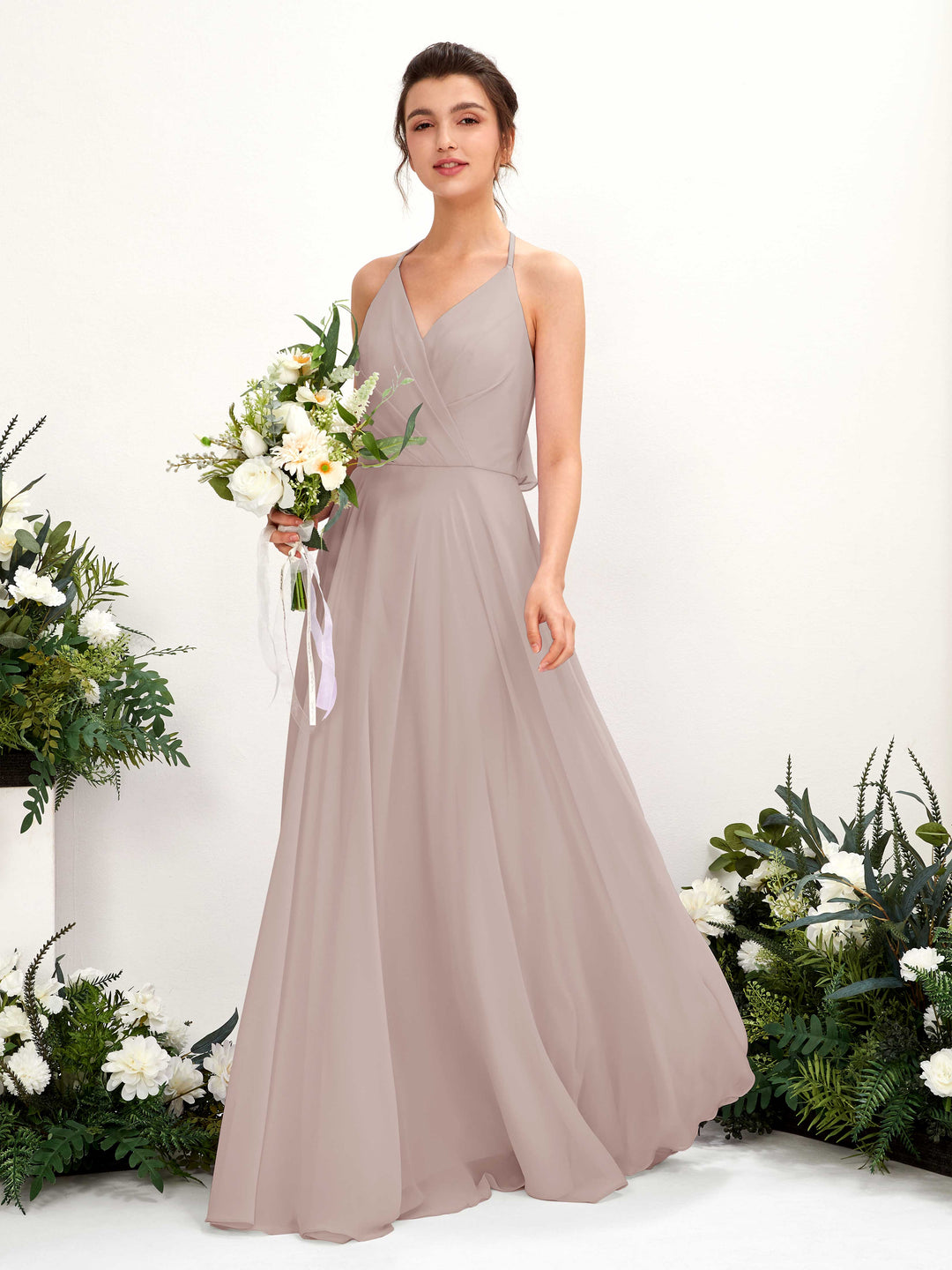 Carlyna A-Linien Kleid V-Ausschnitt Bodenlang mit Beinschlitz Brautjungfernkleid Taupe 