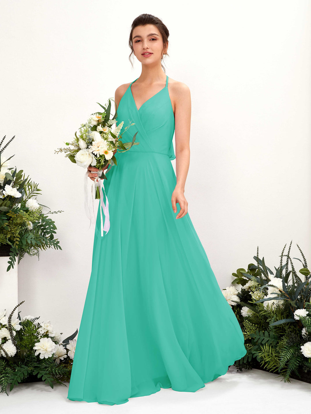 Carlyna A-Linien Kleid V-Ausschnitt Bodenlang mit Beinschlitz Brautjungfernkleid Tiffany-Blau 
