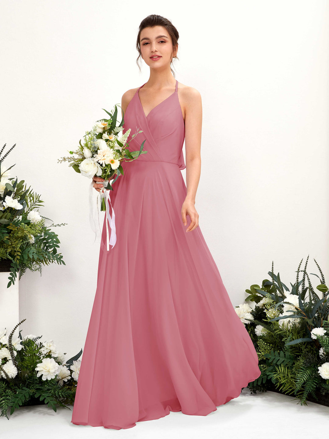 Carlyna A-Linien Kleid V-Ausschnitt Bodenlang mit Beinschlitz Brautjungfernkleid Wüstenrose 