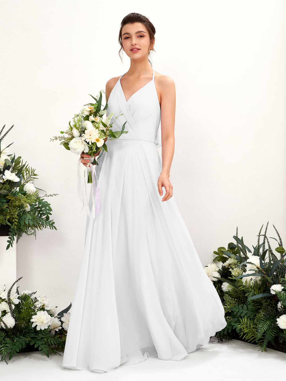 Carlyna A-Linien Kleid V-Ausschnitt Bodenlang mit Beinschlitz Brautjungfernkleid Weiß 