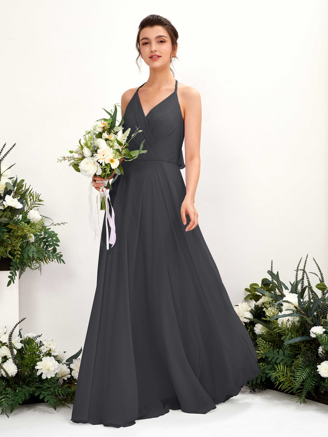 Carlyna A-Linien Kleid V-Ausschnitt Bodenlang mit Beinschlitz Brautjungfernkleid Zinnfarben 