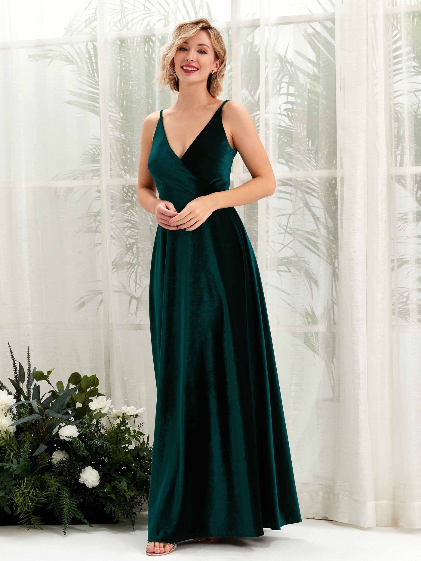 Carlyna A-Linien-Kleid V-Ausschnitt Bodenlang Samt Brautjungfernkleider Jägergrün #farbe_j-gergr-n