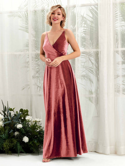 Carlyna A-Linien-Kleid V-Ausschnitt Bodenlang Samt Brautjungfernkleider Staubige Rose #farbe_staubige-rose