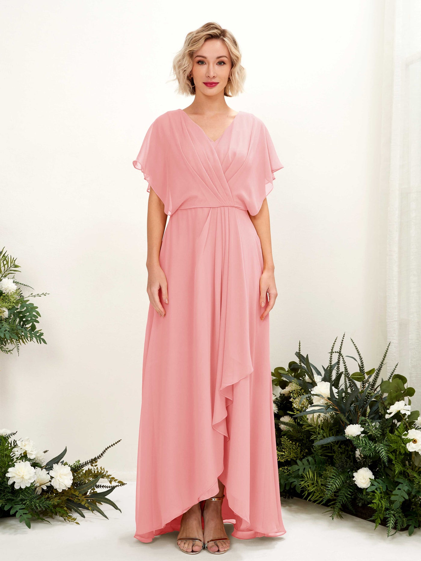 Carlyna A-Linien-Kleid V-Ausschnitt Flatterärmel Bodenlang Brautjungfernkleid Ballettrosa #farbe_ballettrosa