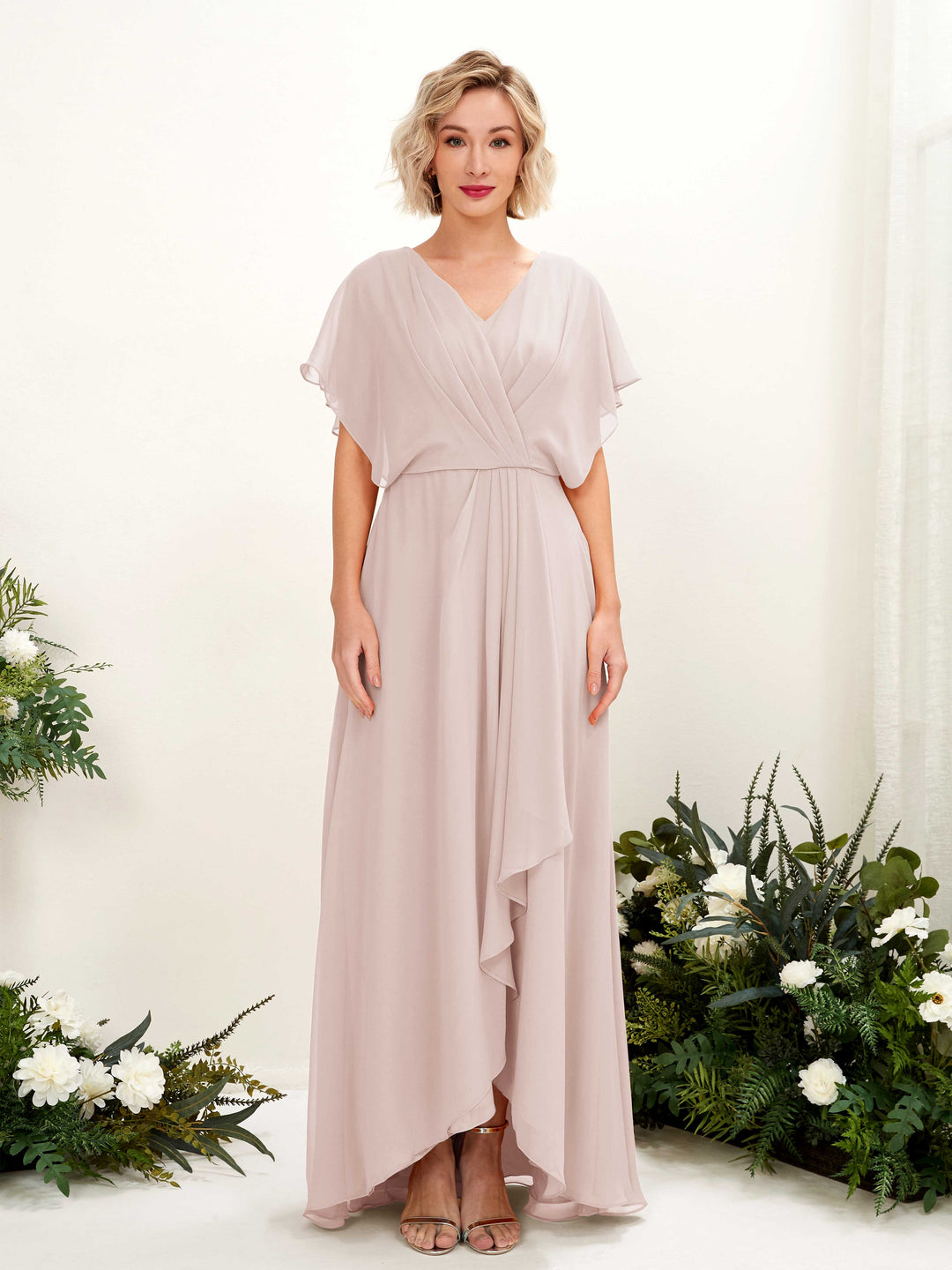 Carlyna A-Linien-Kleid V-Ausschnitt Flatterärmel Bodenlang Brautjungfernkleid Biscotti 