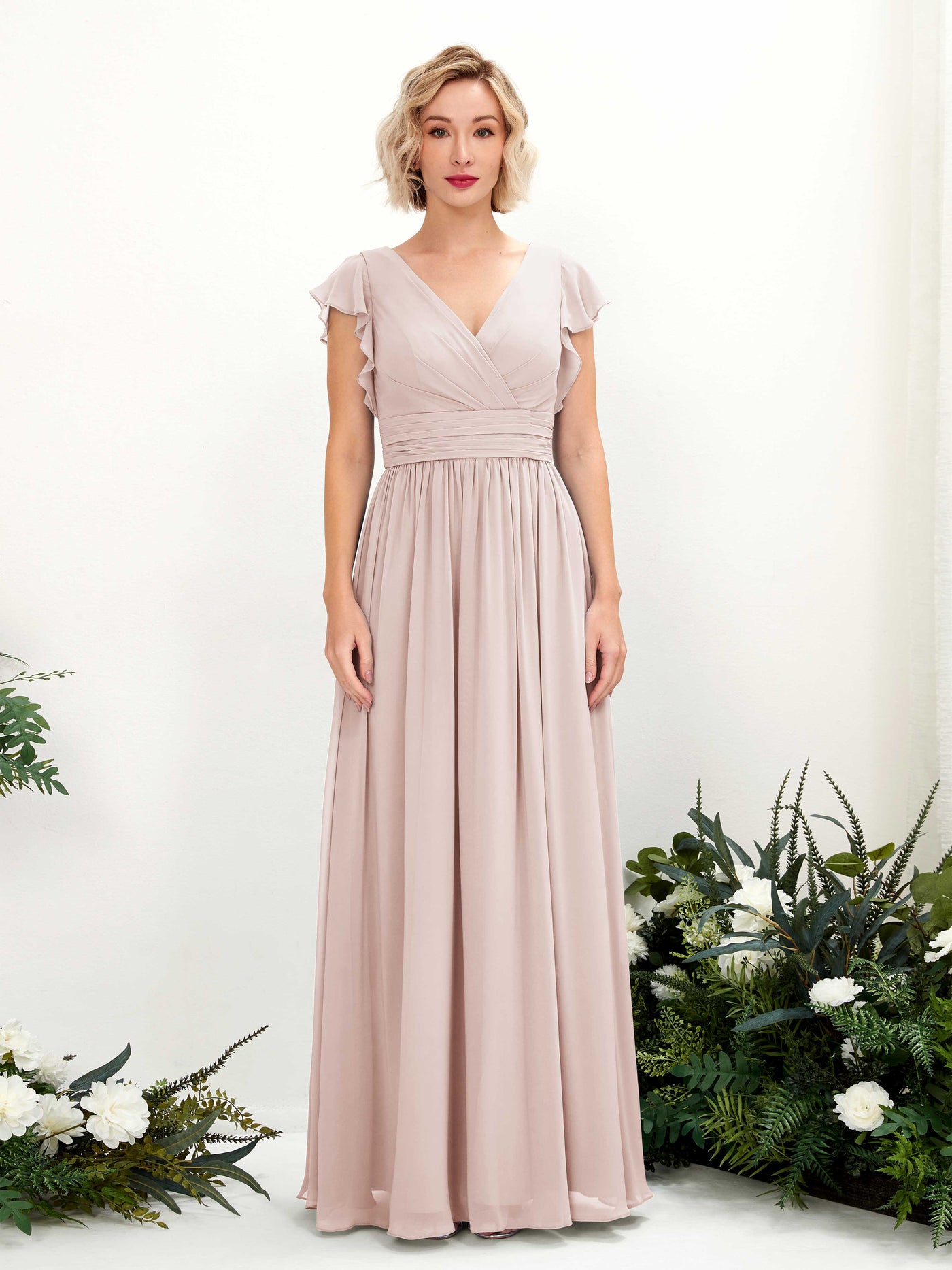 Carlyna A-Linien-Kleid V-Ausschnitt Flatterärmel Bodenlang Brautjungfernkleid Biscotti #farbe_biscotti