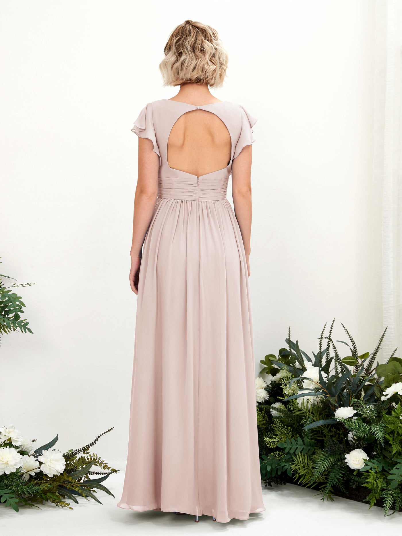 Carlyna A-Linien-Kleid V-Ausschnitt Flatterärmel Bodenlang Brautjungfernkleid Biscotti #farbe_biscotti