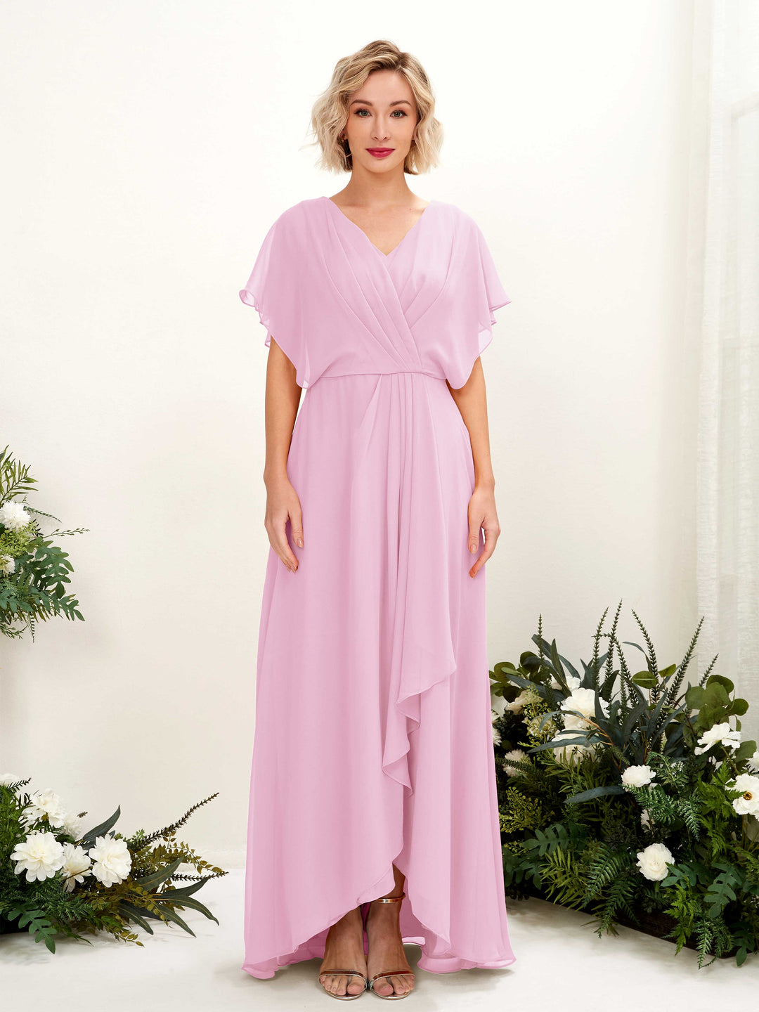 Carlyna A-Linien-Kleid V-Ausschnitt Flatterärmel Bodenlang Brautjungfernkleid Bonbonrosa 