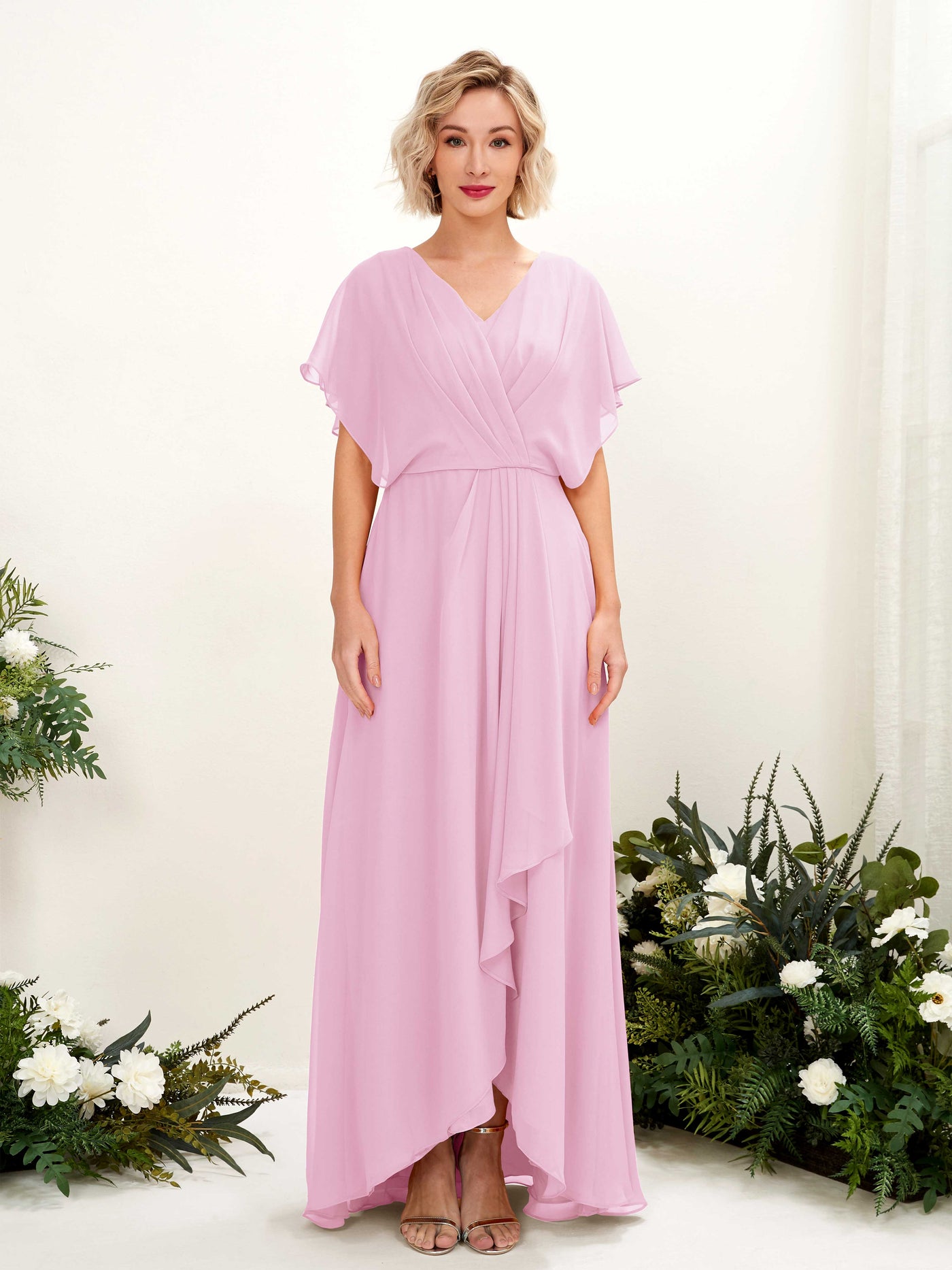 Carlyna A-Linien-Kleid V-Ausschnitt Flatterärmel Bodenlang Brautjungfernkleid Bonbonrosa #farbe_bonbonrosa
