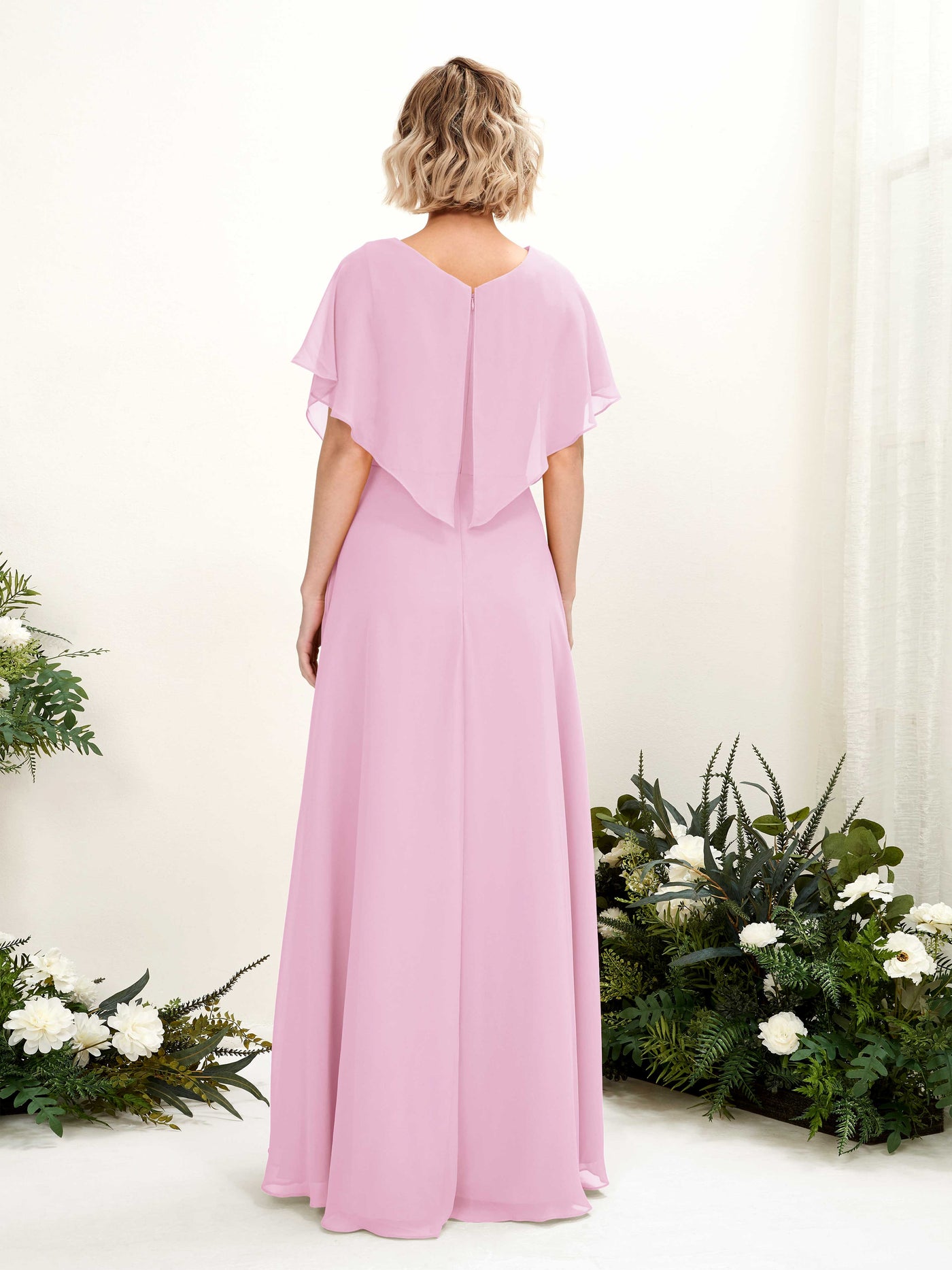 Carlyna A-Linien-Kleid V-Ausschnitt Flatterärmel Bodenlang Brautjungfernkleid Bonbonrosa #farbe_bonbonrosa