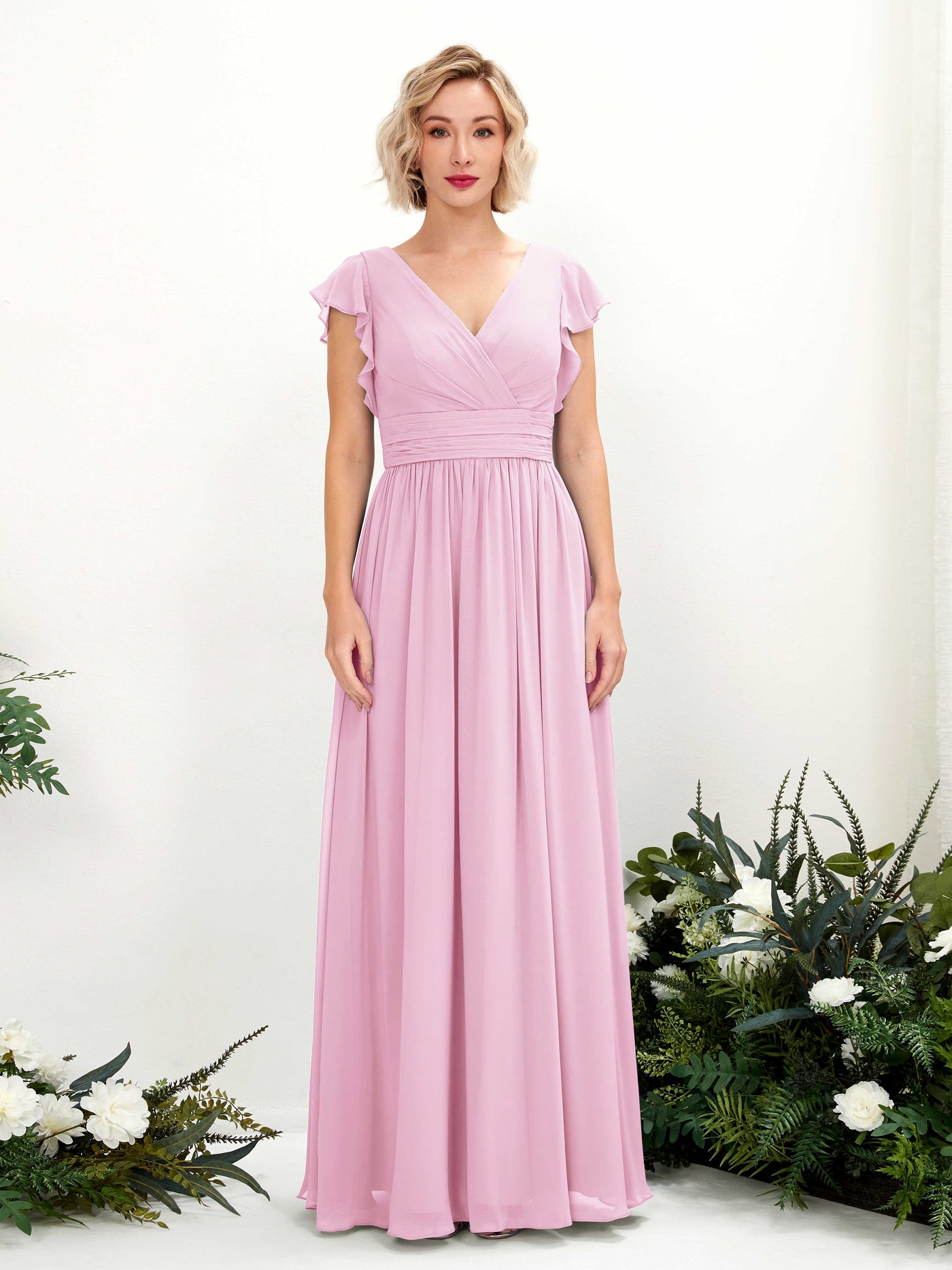 Carlyna A-Linien-Kleid V-Ausschnitt Flatterärmel Bodenlang Brautjungfernkleid Bonbonrosa #farbe_bonbonrosa