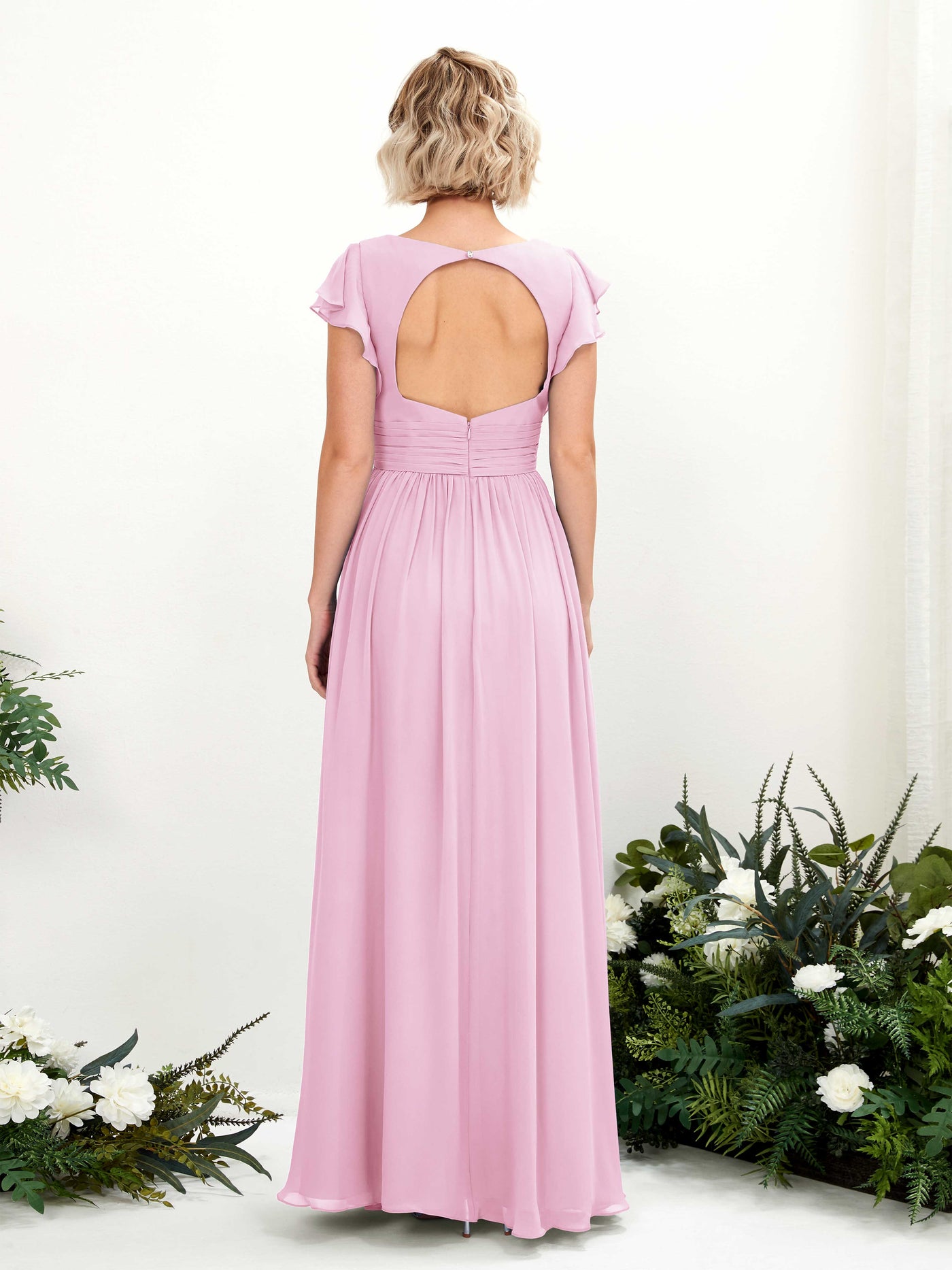 Carlyna A-Linien-Kleid V-Ausschnitt Flatterärmel Bodenlang Brautjungfernkleid Bonbonrosa #farbe_bonbonrosa